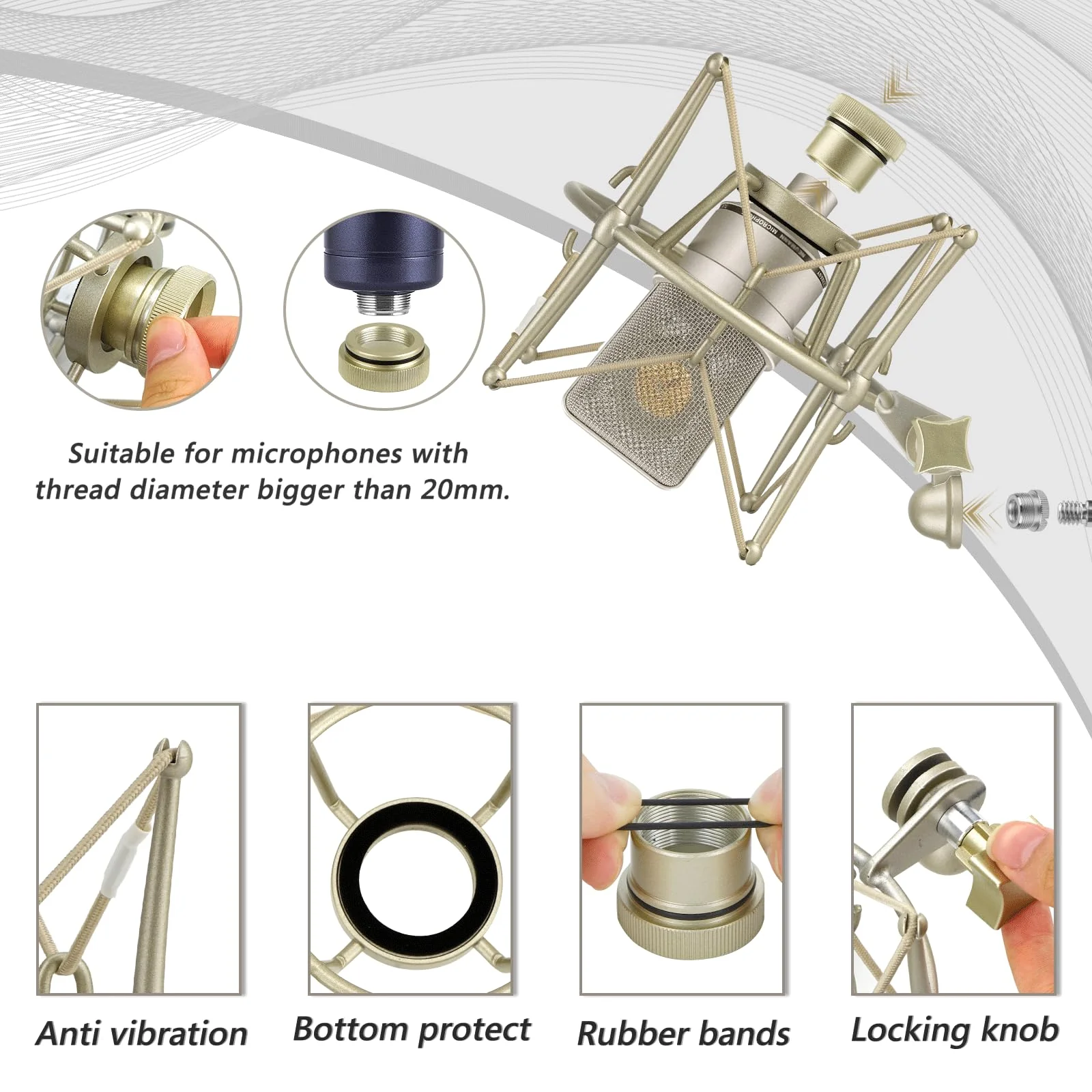 GEEKRIA for Creators Microphone Shock Mount Compatible with Neumann TLM 103, TLM 102, U 87 Ai, TLM 67 Mic Anti-Vibration Suspension Adapter Clamp Mic Holder Clip (Champagne/Metal) - Image 3