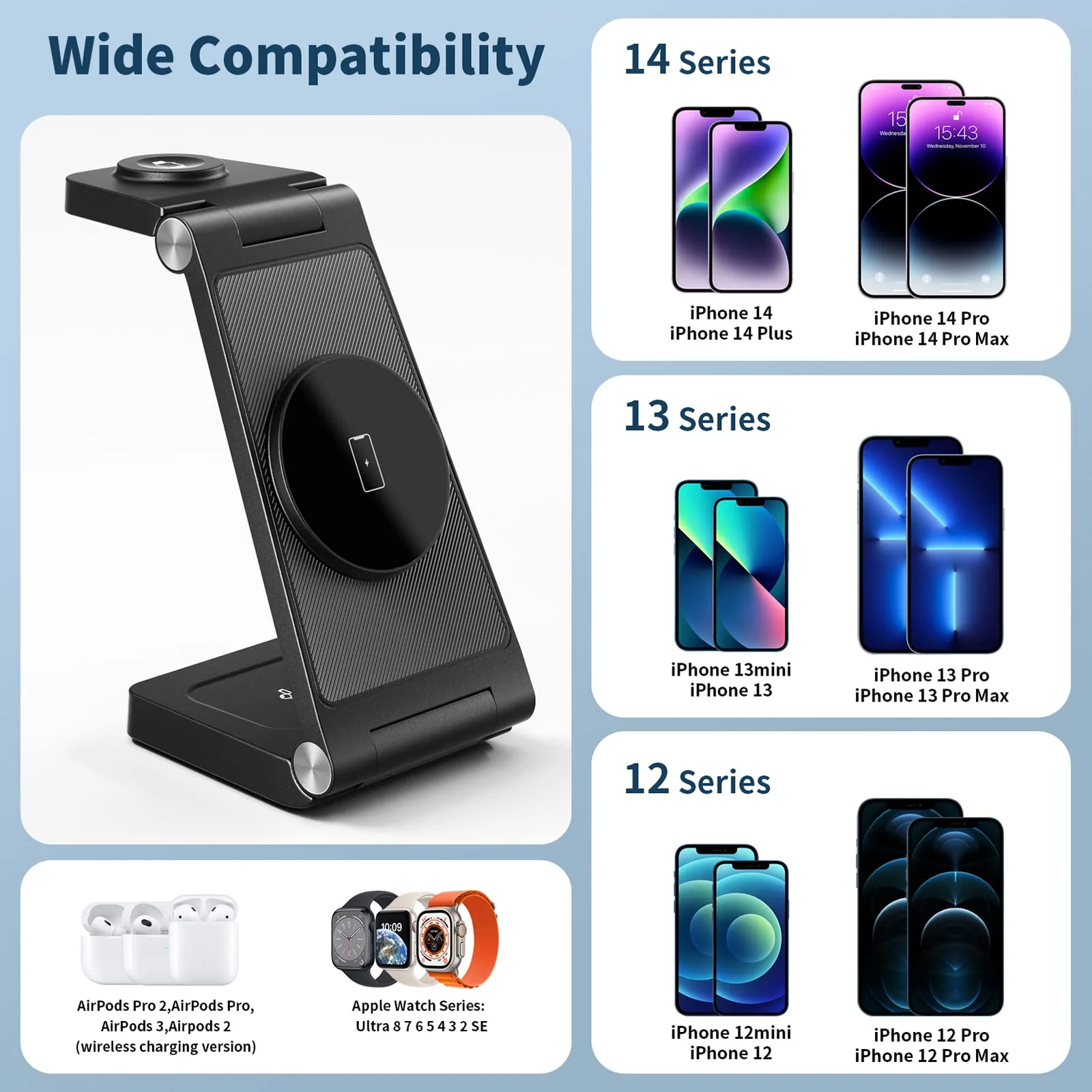 GEJIUCAI Magnetic Wireless Charger, 3 in 1 Fast Wireless Charging Station for Multiple Devices Apple Watch Ultra 8/7/6/5/4/3/2/SE,Compatible with iPhone 14/Pro/Max/Plus/13/12, AirPods 3/2/Pro/Pro2 Black - Image 5