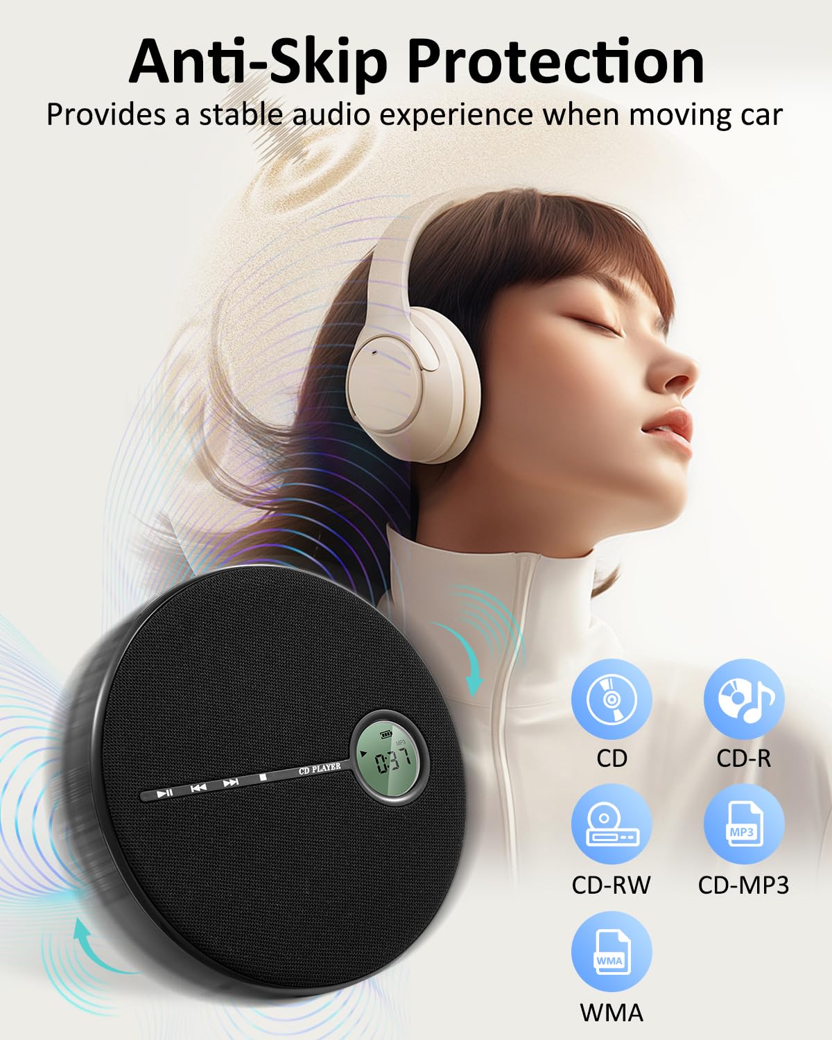 Gelielim Portable CD Player Bluetooth, Personal Discman CD Player for Car & Home,Small Fabric Music Player with Anti-Skip Protection, A-B Repeat,10 Speeds,Stereo Speakers,Supports CD/AUX/USB, Black - Image 2