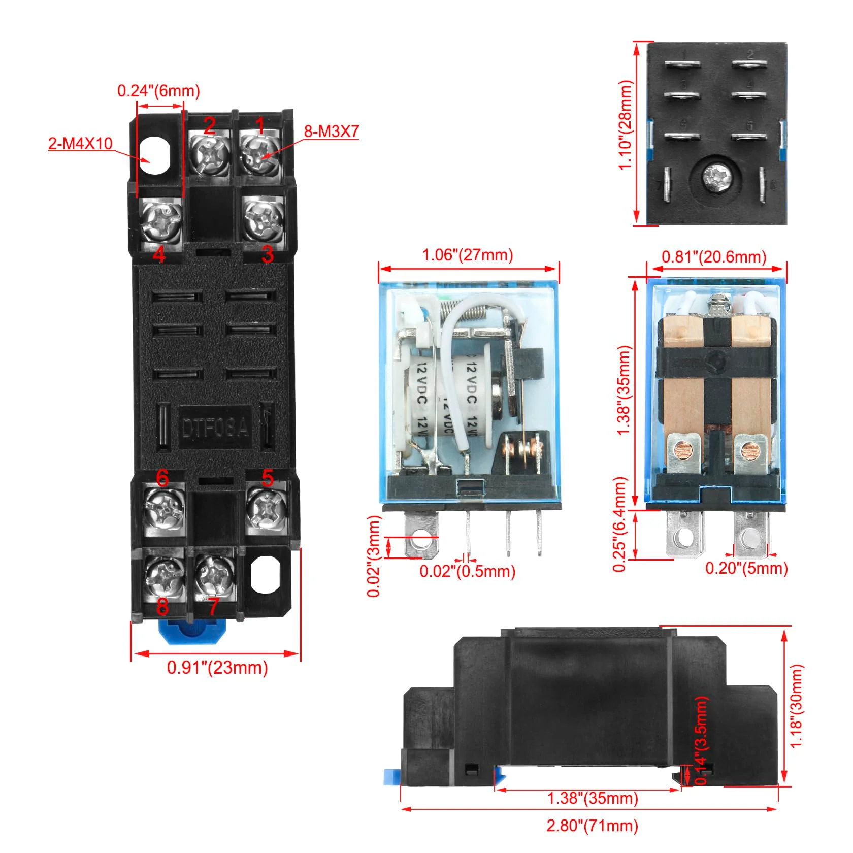 General Purpose Relay Module, Relay Switch, LY2NJ, 12VDC Coil, 10A 24VDC/220VAC, DPDT, LED Indicator, with Socket Base - Image 2