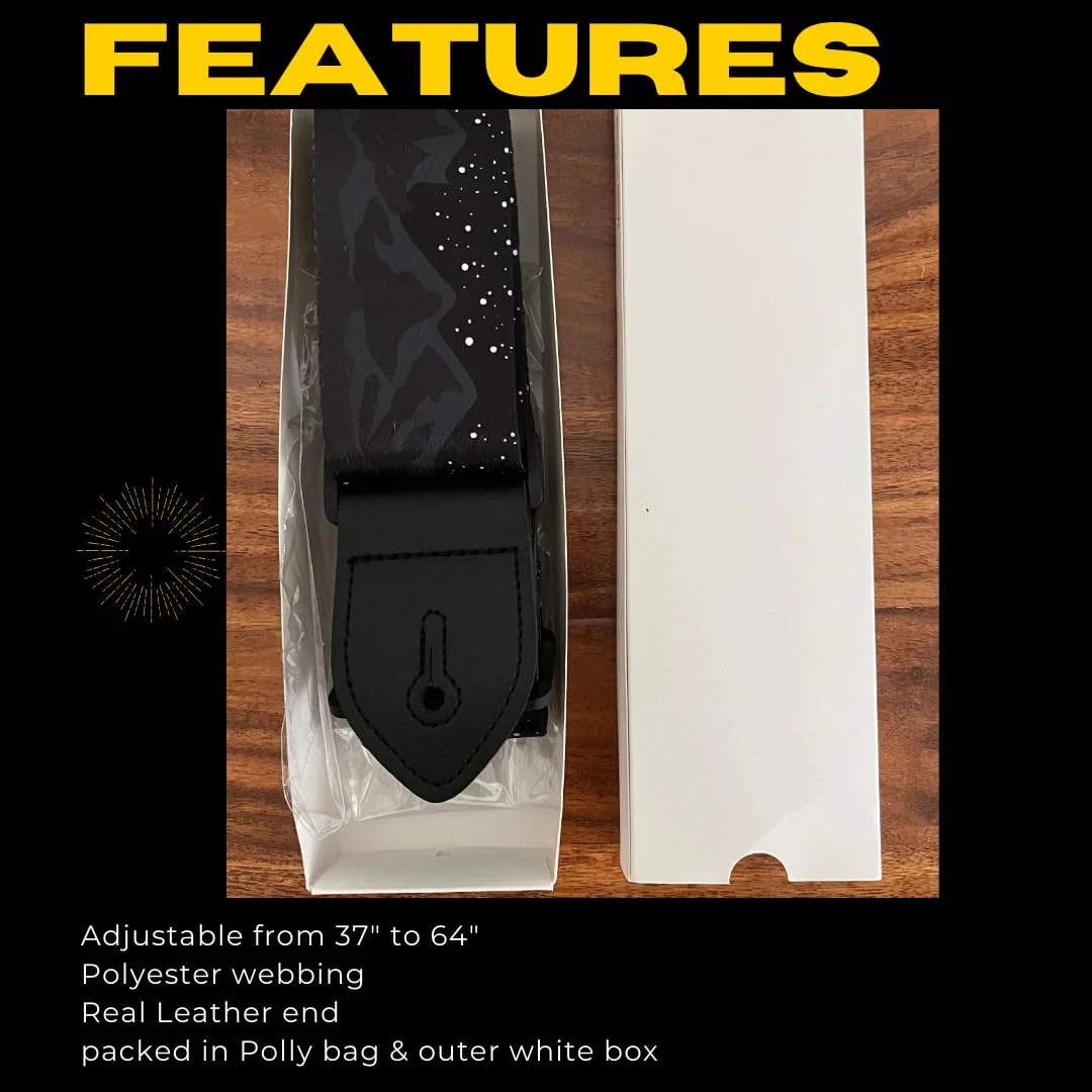 Generic Midnight Mountain Star Guitar Strap, Polyester Webbing strap with Genuine Leather Ends., Black - Image 2