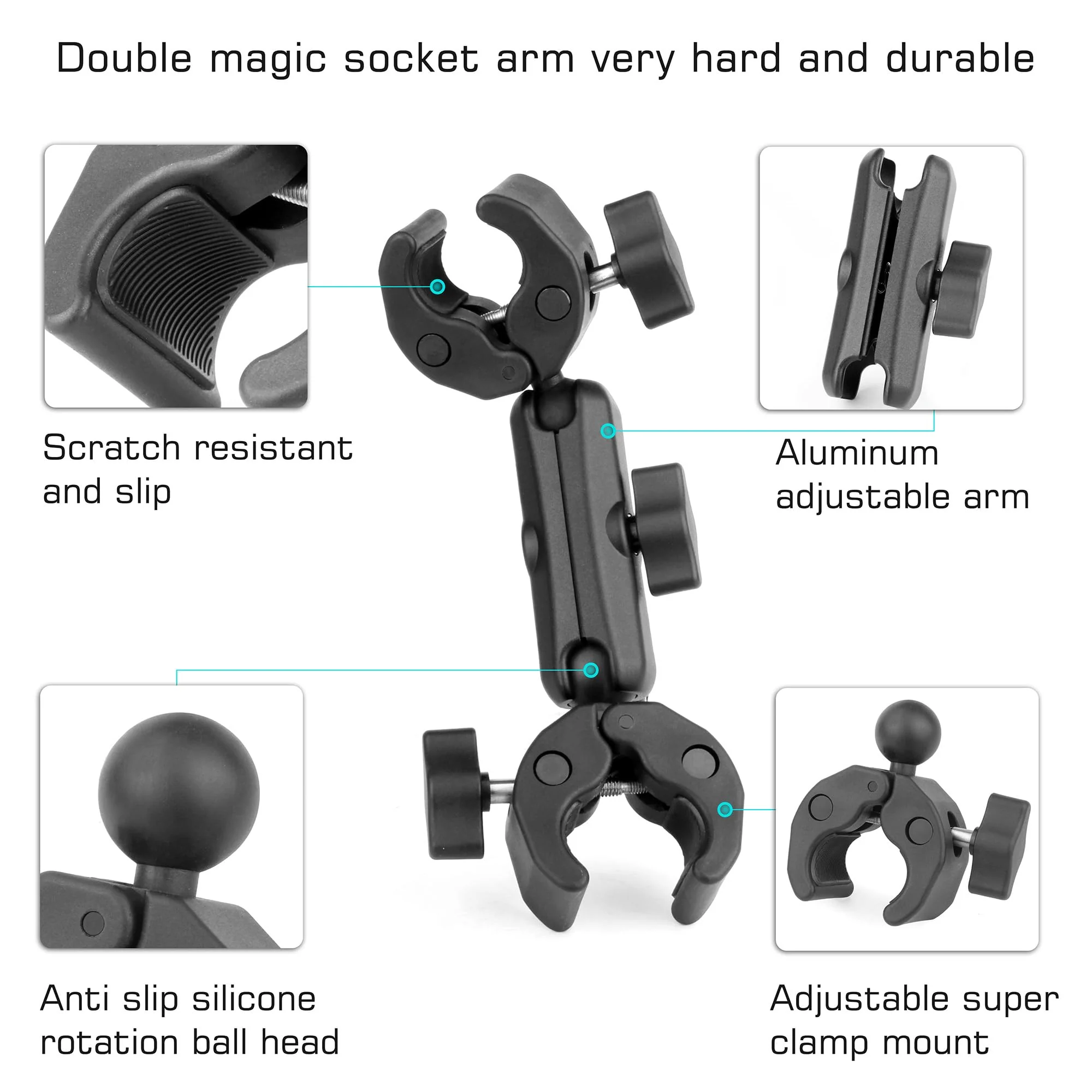 GEPULY Umbrella Clamp for Chair 5.5lb Load, 20-50mm Double Super Camera Mount, Aluminum Magic Arm Dual Ball Head Heavy Duty for Handlebar/Tripod/Stroller Wheelchair/Desk/Pole/Cross Bar/Motorcycle 2 Clamps - Image 3