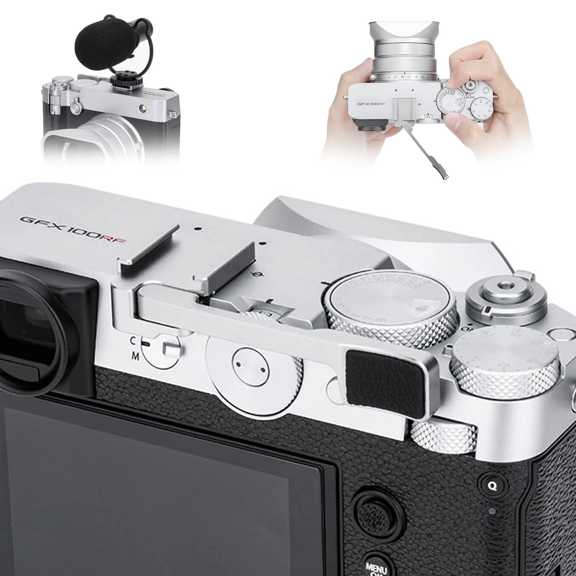 GFX100RF Thumb Grip, Metal 90° Foldable Thumb Up Grip for Fujifilm Fuji GFX100RF GFX 100RF Camera with Built-in Cold Shoe Mount, Hot Shoe Thumb Rest Support Holder Not Affect the Use of Dial -Silver
