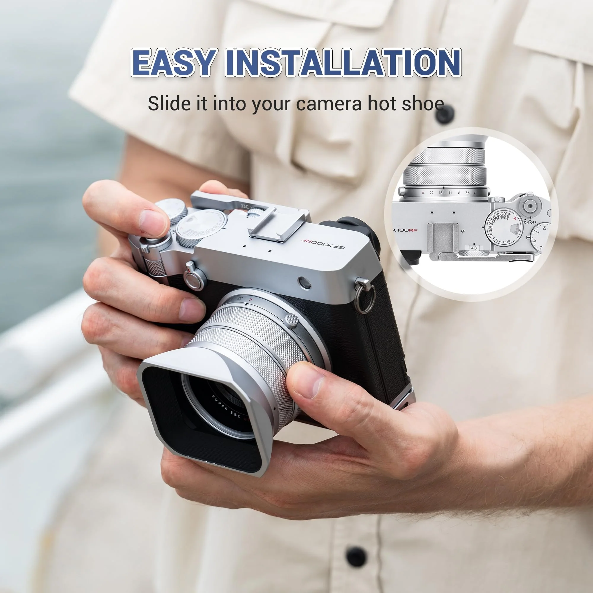 GFX100RF Thumb Grip, Metal 90° Foldable Thumb Up Grip for Fujifilm Fuji GFX100RF GFX 100RF Camera with Built-in Cold Shoe Mount, Hot Shoe Thumb Rest Support Holder Not Affect the Use of Dial -Silver - Image 6