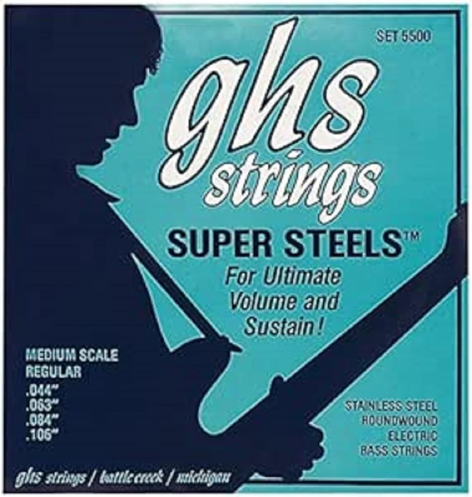 GHS Strings 4 Super Steels, Stainless Steel Bass Strings, Scale, Medium (44-106) (5500)