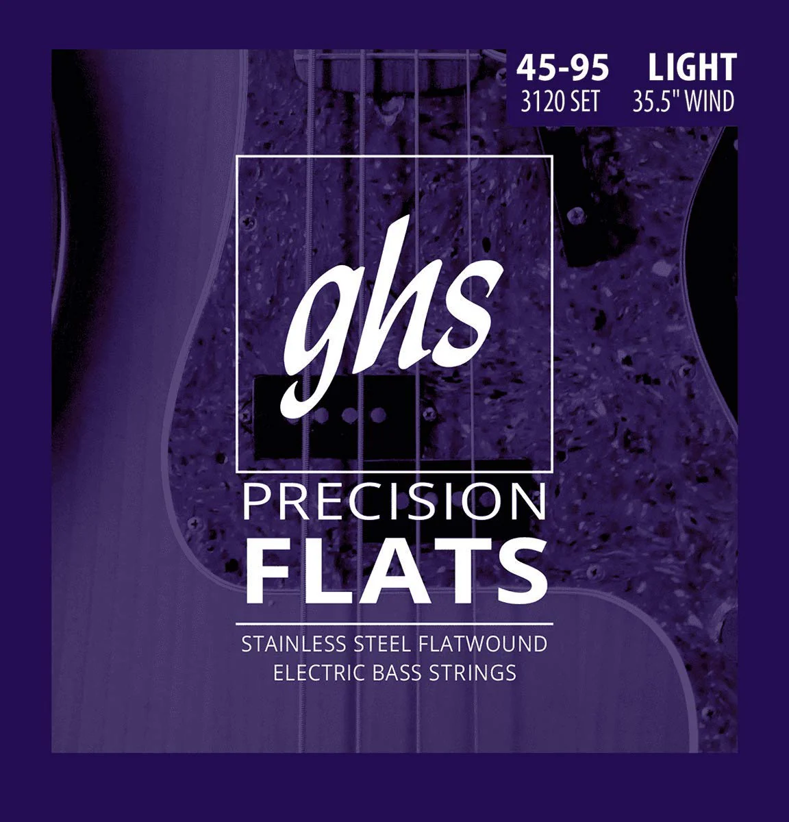 GHS Strings Medium Scale, 4-String Bass Precision Flats, Stainless Steel Flatwound, 35.5" Winding, Light (45-95) (3120)