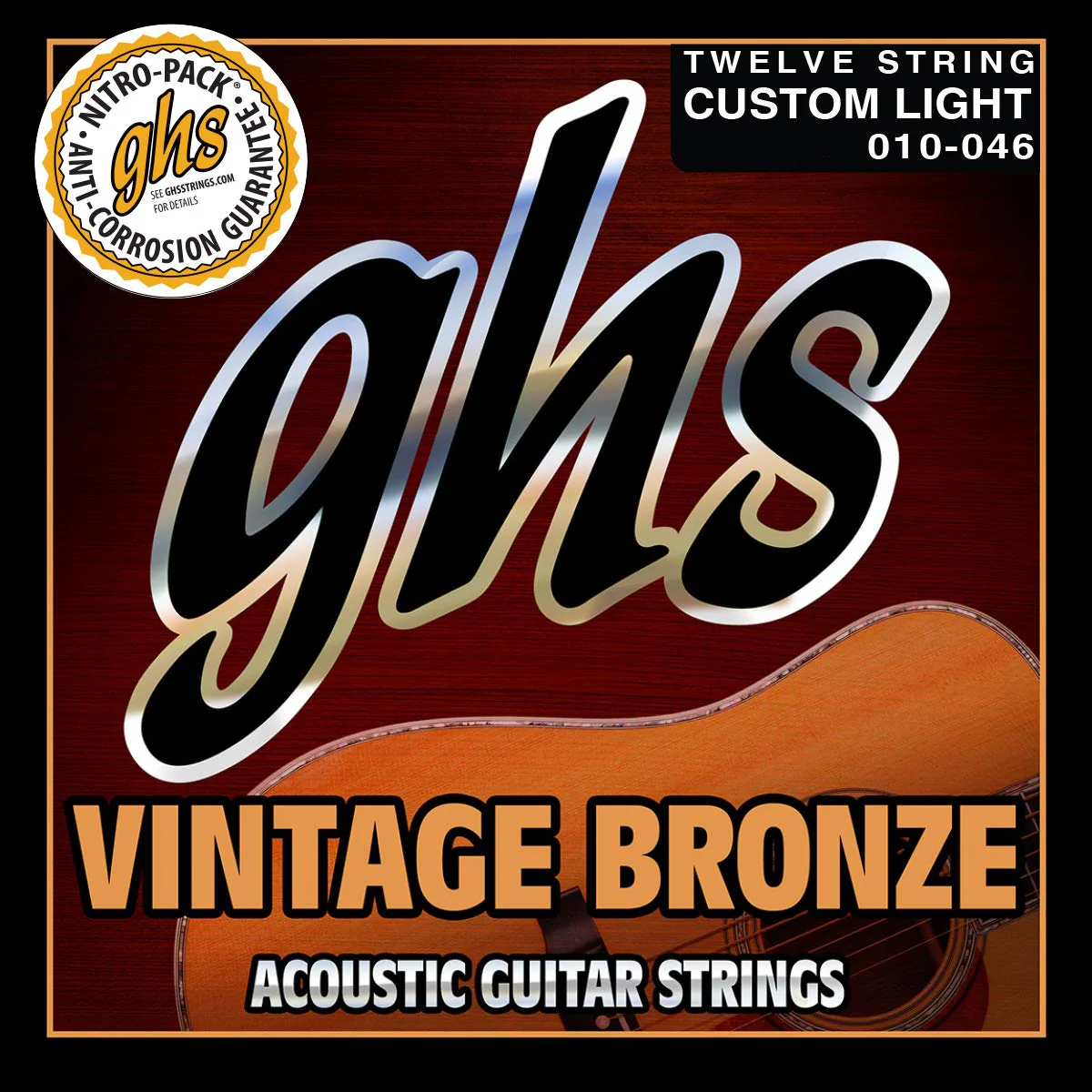GHS Strings VN-12CL VINTAGE BRONZE Acoustic Guitar Strings, 12 Set, Custom Light (10-46) Custom Light (10-46) Pack of 12