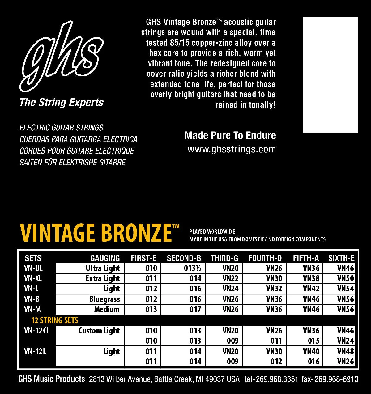 GHS Strings VN-12CL VINTAGE BRONZE Acoustic Guitar Strings, 12 Set, Custom Light (10-46) Custom Light (10-46) Pack of 12 - Image 3