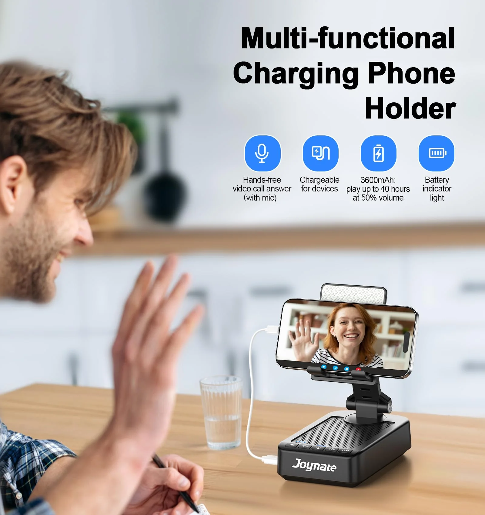 Gifts for Men Women, Bluetooth Speaker Phone Stand with Charging Function 360° Rotable Adjustable Cell Phone Holder HD Surround Sound for Desk Fits All Phones,Tablet (Black) Black - Image 2