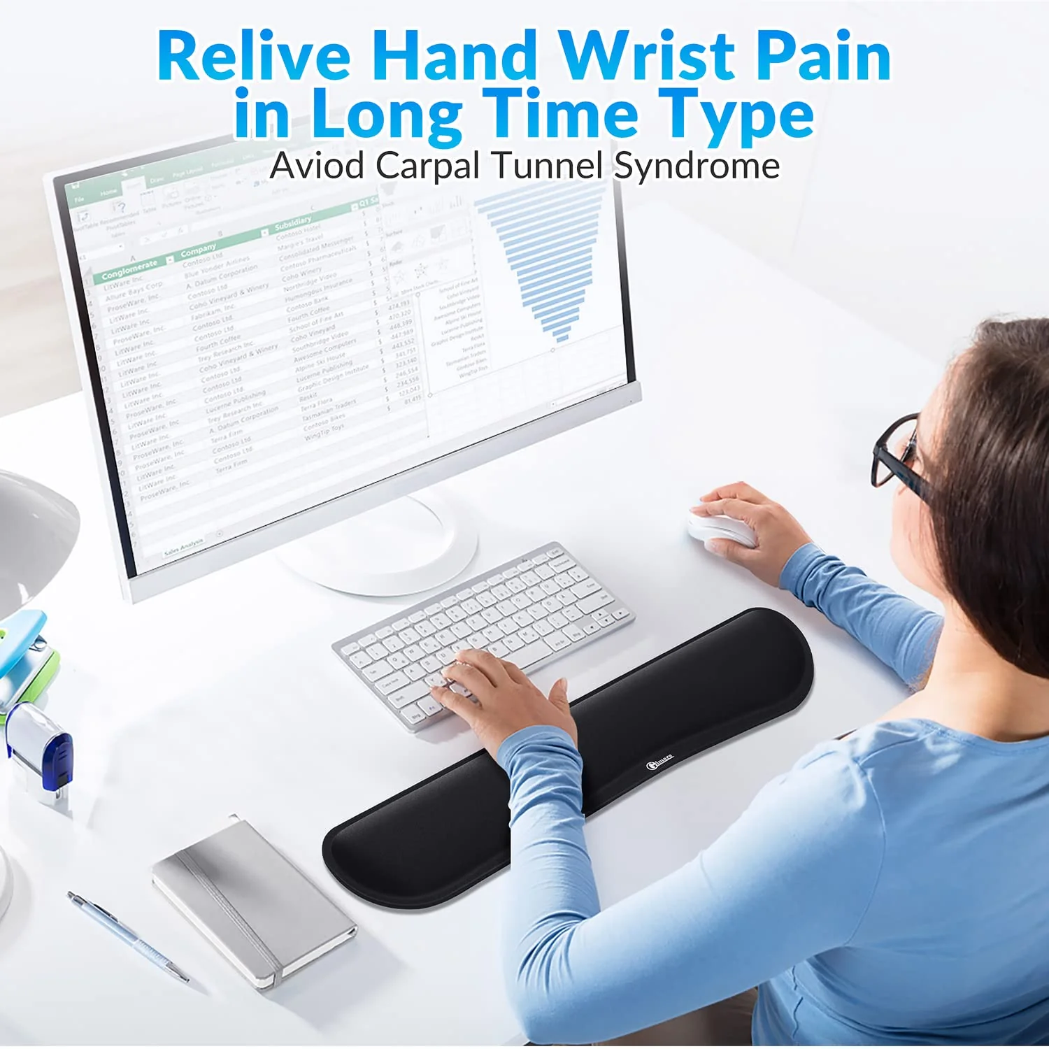 Gimars 63D High-Density Thicken Memory Foam Keyboard Wrist Rest, 17.3'' Enlarge Ergonomic Wrist Rest with Anti-Slip Rubber Base for Typing Pain Relief, Office, Gaming, Computer, Laptop, Mac, Black - Image 7