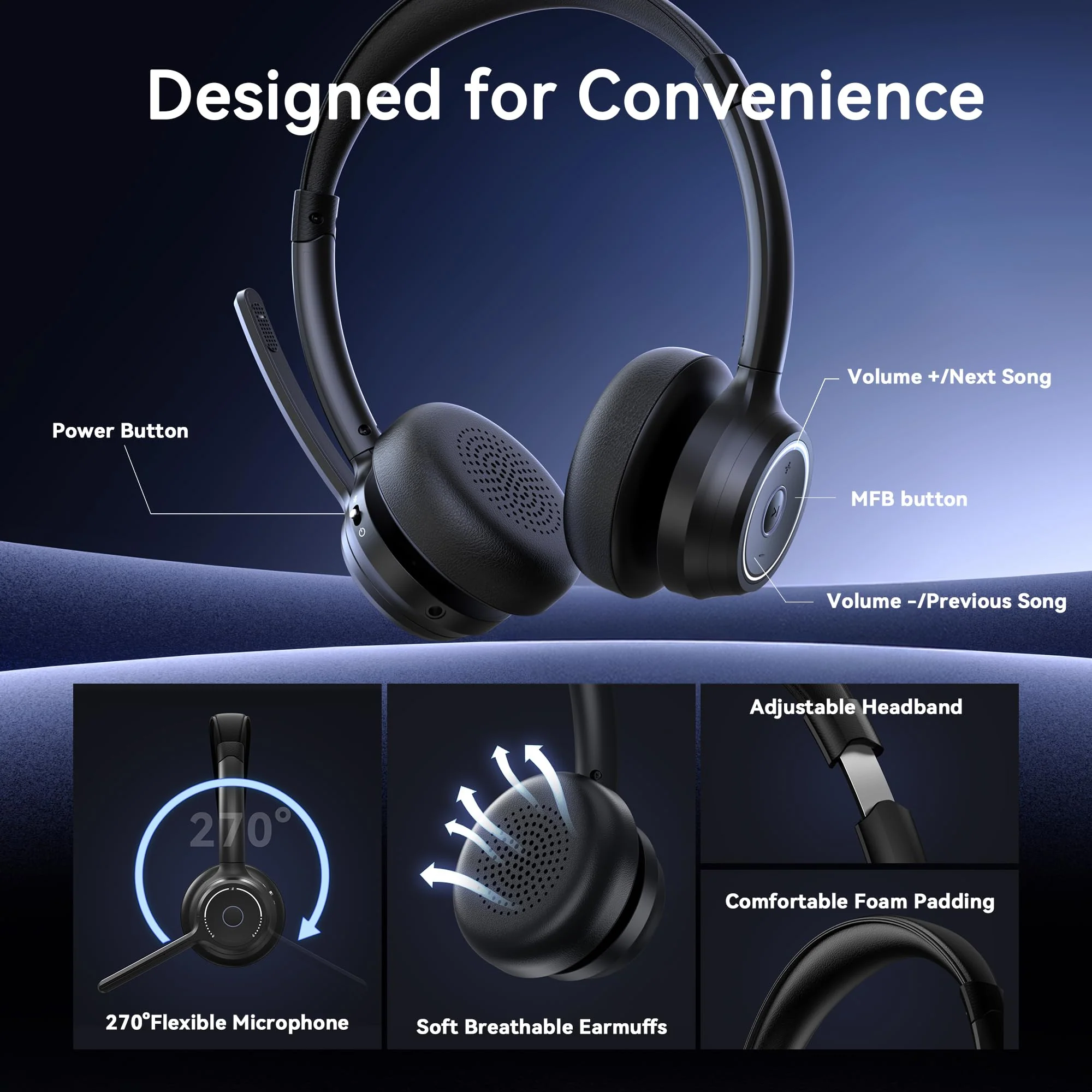 Gixxted (2026 Upgraded) Wireless Headset with Mic for Work, Bluetooth Headset with Noise Canceling Microphone, Wireless Headphones with Mic and USB Dongle and Mute, Fit for Computer/PC/Teams Black - Image 5