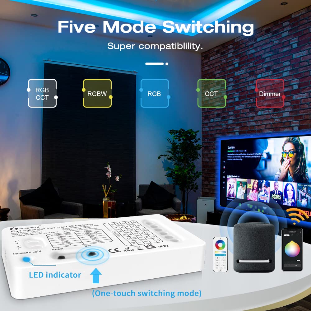 GLEDOPTO ZigBee 3.0 DC5-24V Mini 5 in 1 RGBCCT RGBW RGB CCT Dimmer LED Strip Light Control 6A Max for PWM Dimming LED Strip Compatible with Homey Conbee Tuya Smart Life App Control (Hub Required) - Image 2