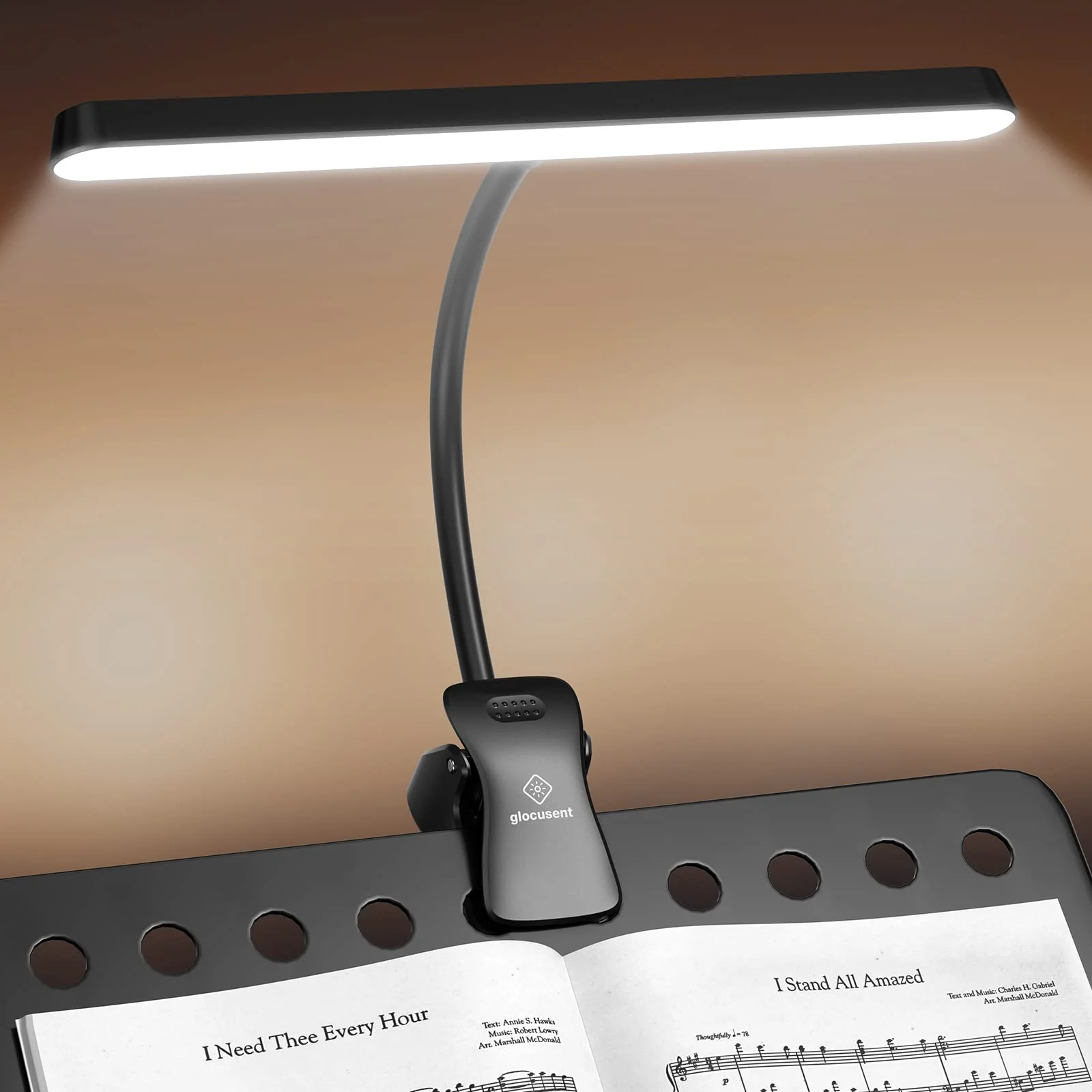 Glocusent 57 LED Super Bright Music Stand Light, Eye Caring Clip-on Piano Light, 3 Color & 5 Brightness, USB-C Rechargeable, Long Lasting up to 140 Hrs, Perfect for The Piano, Sheet Music Black