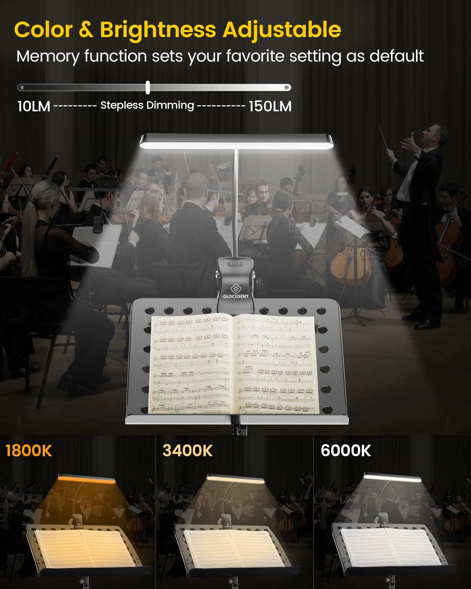 Glocusent 57 LED Super Bright Music Stand Light, Eye Caring Clip-on Piano Light, 3 Color & 5 Brightness, USB-C Rechargeable, Long Lasting up to 140 Hrs, Perfect for The Piano, Sheet Music Black - Image 3