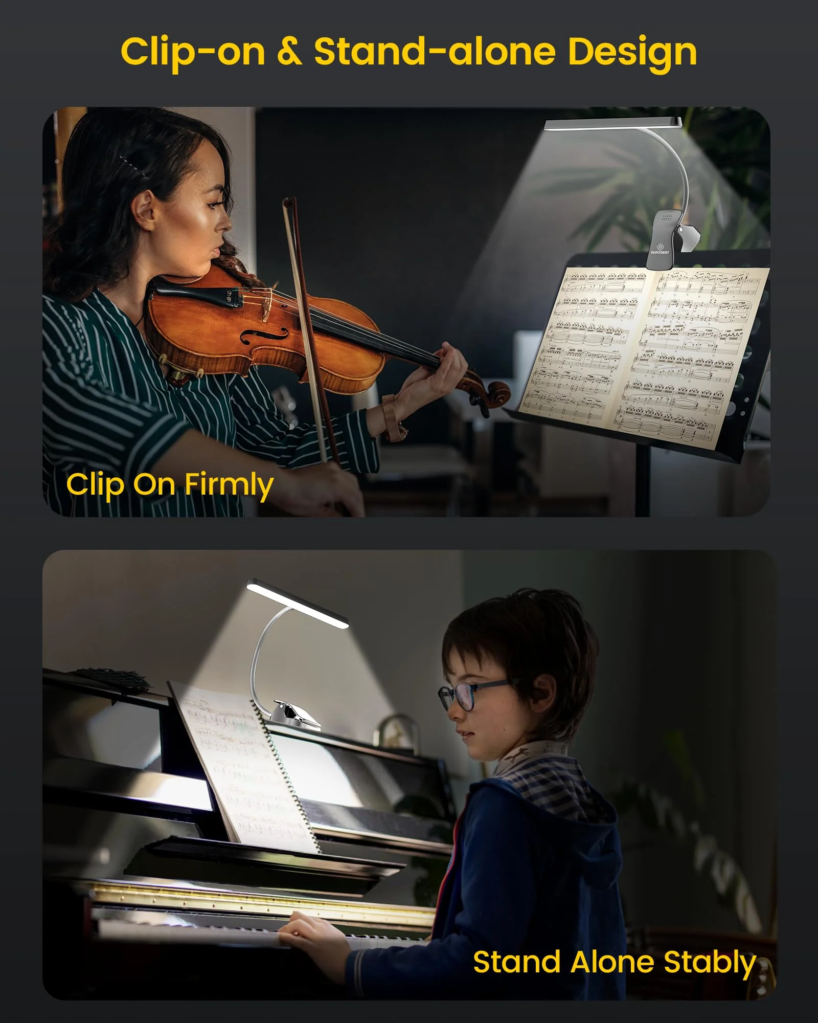 Glocusent 57 LED Super Bright Music Stand Light, Eye Caring Clip-on Piano Light, 3 Color & 5 Brightness, USB-C Rechargeable, Long Lasting up to 140 Hrs, Perfect for The Piano, Sheet Music Black - Image 5