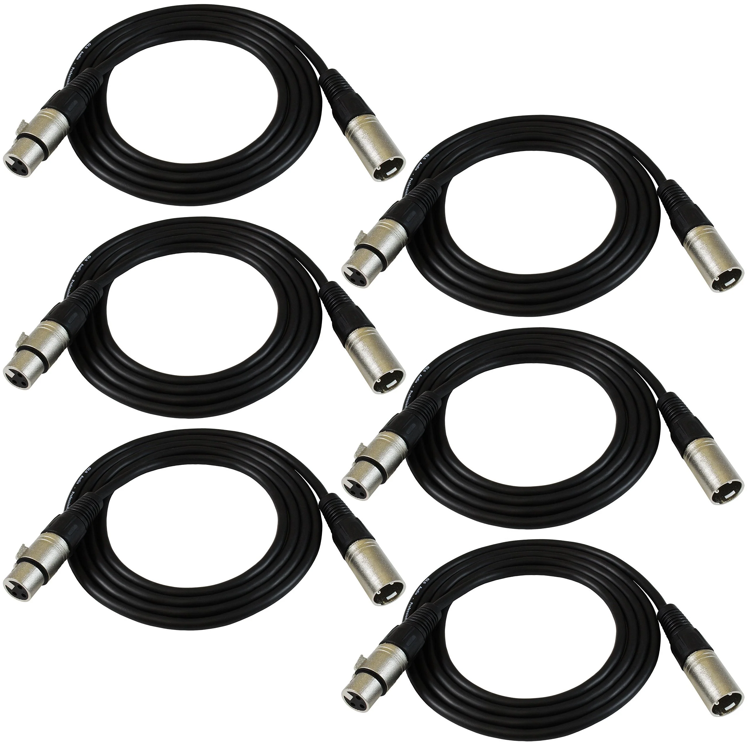 GLS Audio 6ft Patch Cable Cords - XLR Male to XLR Female Black Cables - 6' Balanced Snake Cord - Pack of 6 6 Ft.