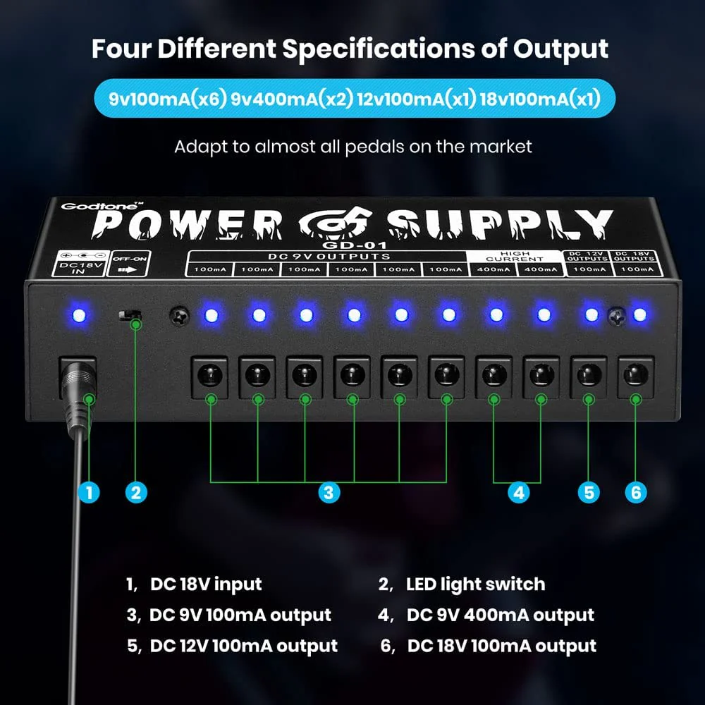 Godtoen GD-01 Guitar Power Supply 10 Isolated DC Output for 9V/12V/18V Effect Pedal US GD-01 - Image 4