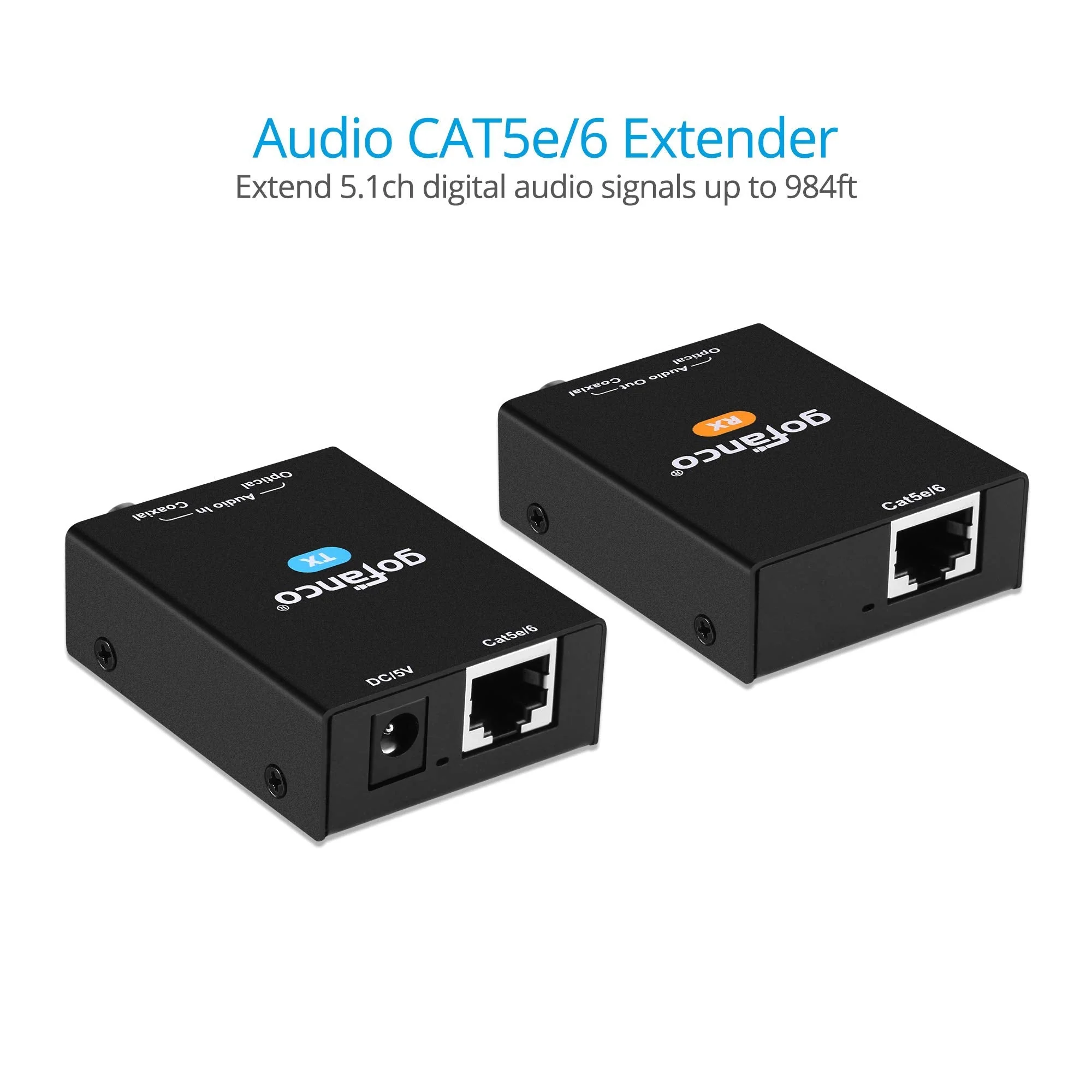 gofanco Coaxial/Optical Toslink Digital Audio Extender Over CAT5e / CAT6 Ethernet Balun – 984ft (300m) Extension, PoC, 5.1-Channel, Dolby Digital 5.1, DTS 5.1, DTS-HD, PCM, Compact (AudioCATExt) - Image 3