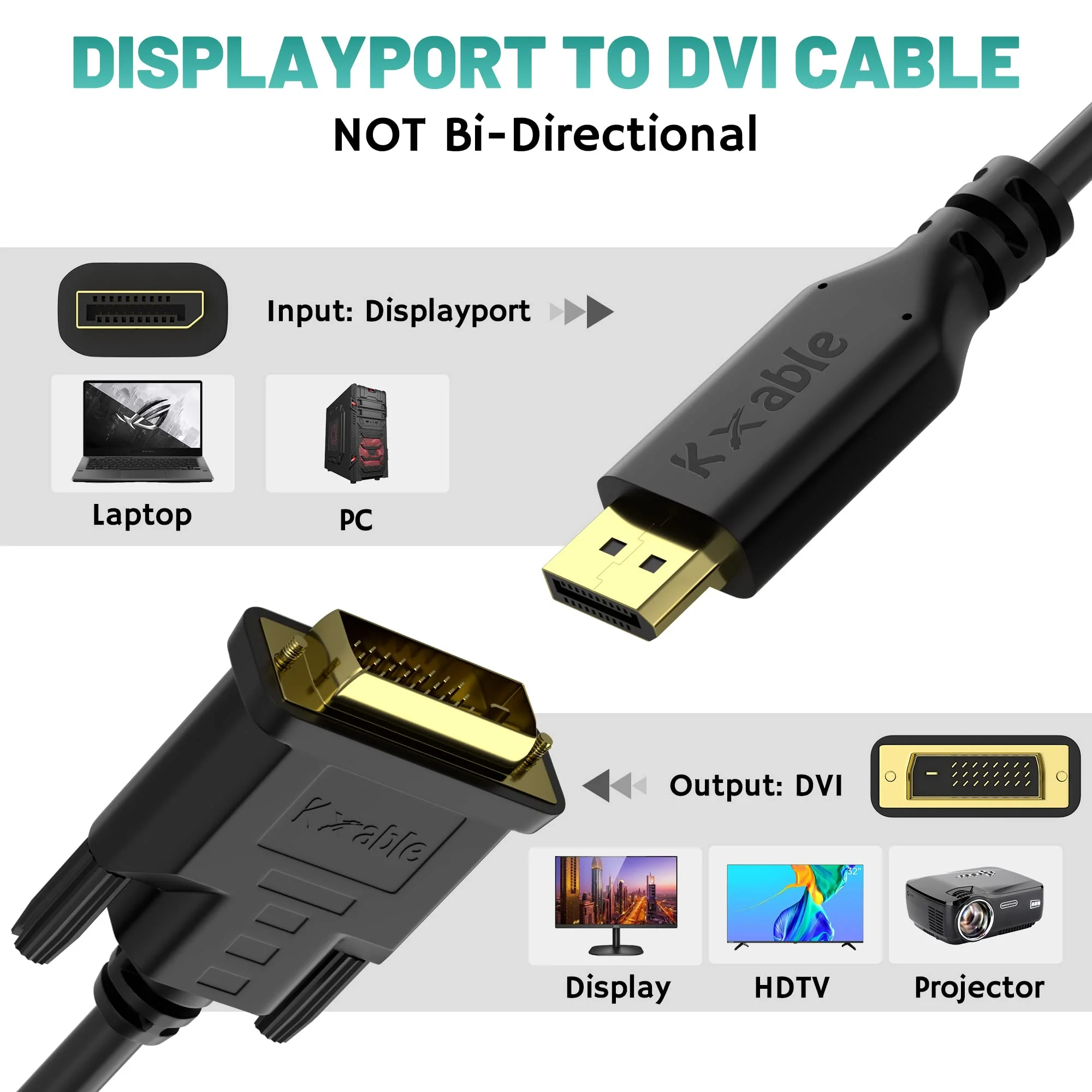 Gold-Plated DisplayPort to DVI Cable - 25 FT, DP to DVI-D Male to Male Converter, 1080P@60Hz, for PC, Desktop, Laptop, HDTV, Projector, Monitor 25FT - Image 5