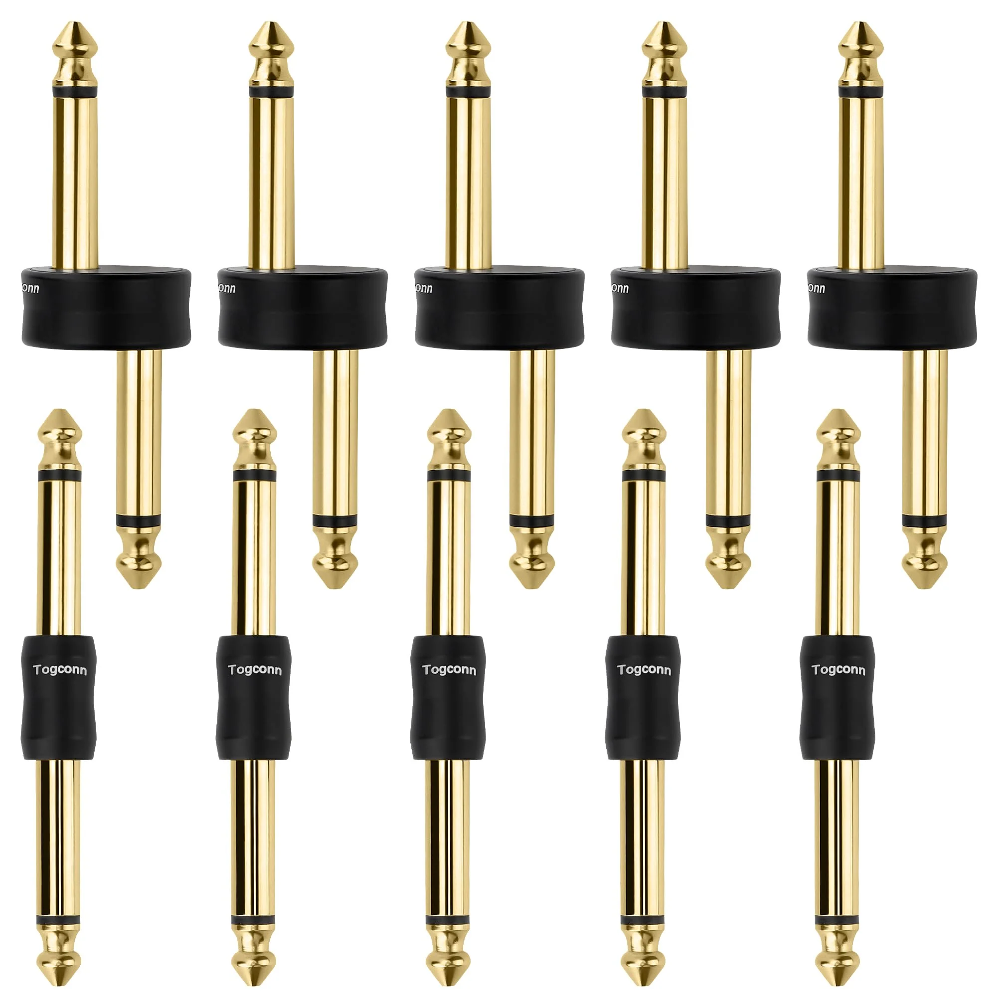 Gold-Plated Guitar Pedal Effects Patch Connector Coupler 10 Pack，6.35mm to 6.35mm Adapter, Angle 1/4 Quarter Inch TS Mono Male to Male Jack Plug, Audio Converter Premium Quality Series