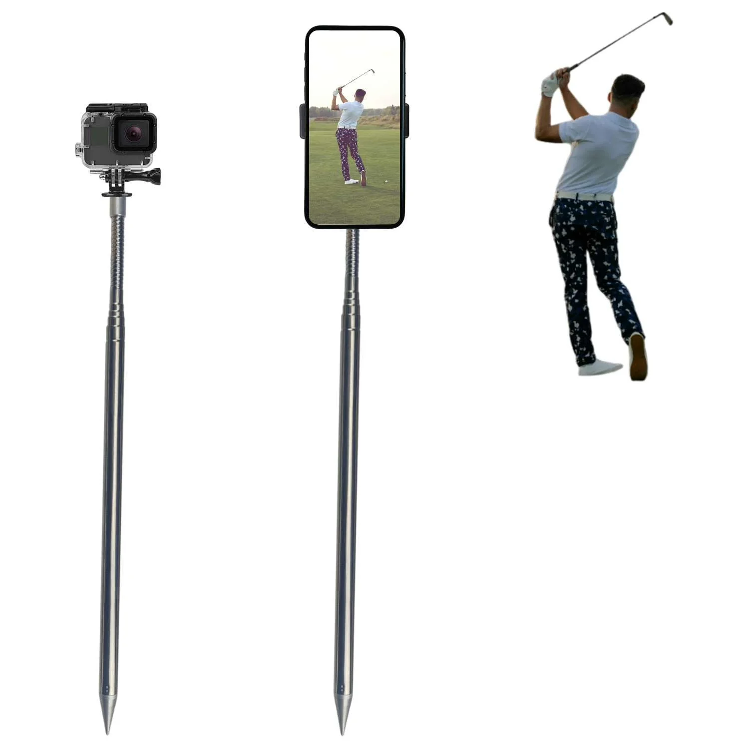 Golf Monopod Selfie Stick, Portable Phone Camera Spike Stake for Recording Your Golf Swing, Golf Phone Holder for Training Aid, Golf Swing Camera Pole Mount