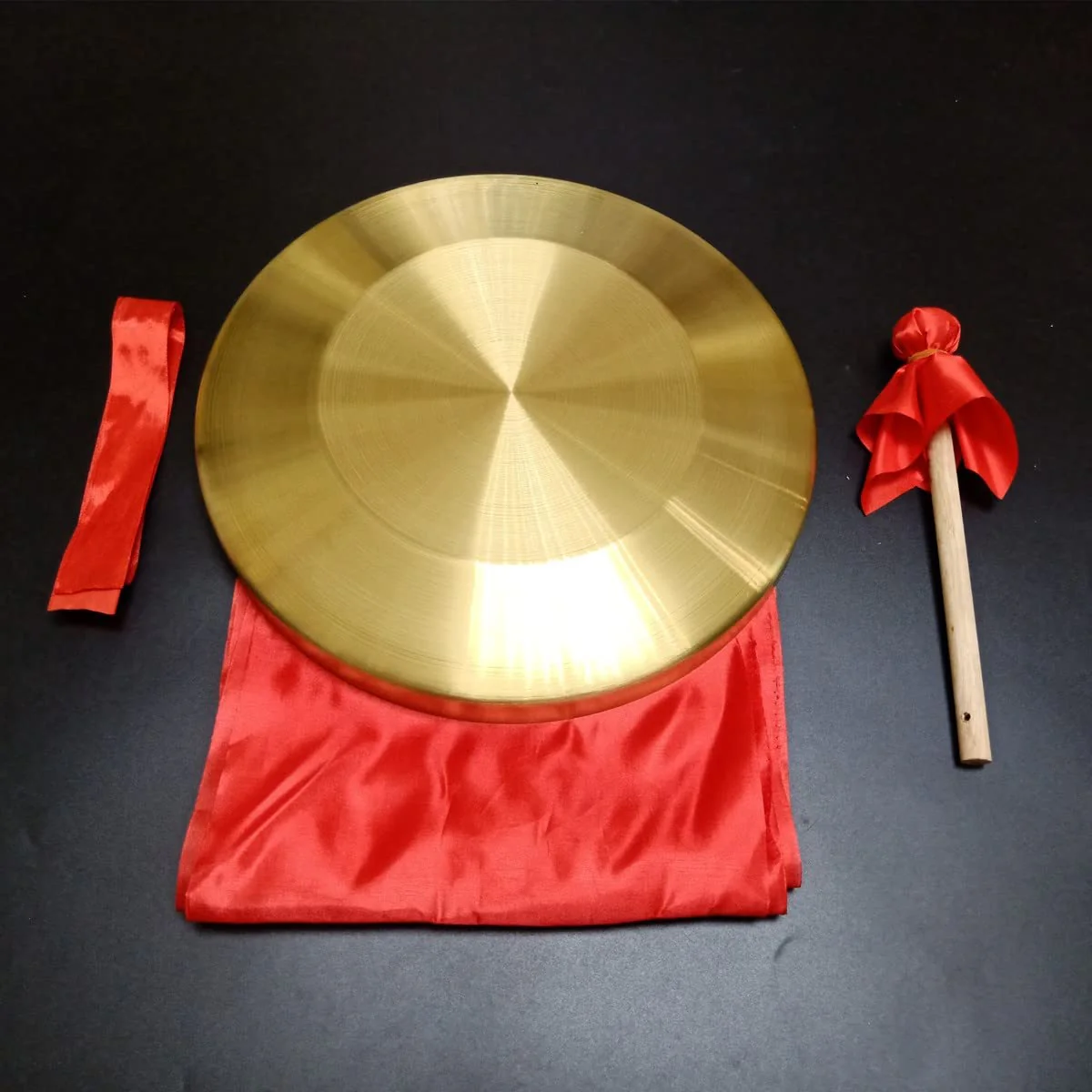 Gong Instrument with 12.6inch(32cm),Chinese Traditional Percussion Instrument Brass Gong with Wooden Mallet and Red Ribbon for Home Office Celebration Gold-12.6inch - Image 7