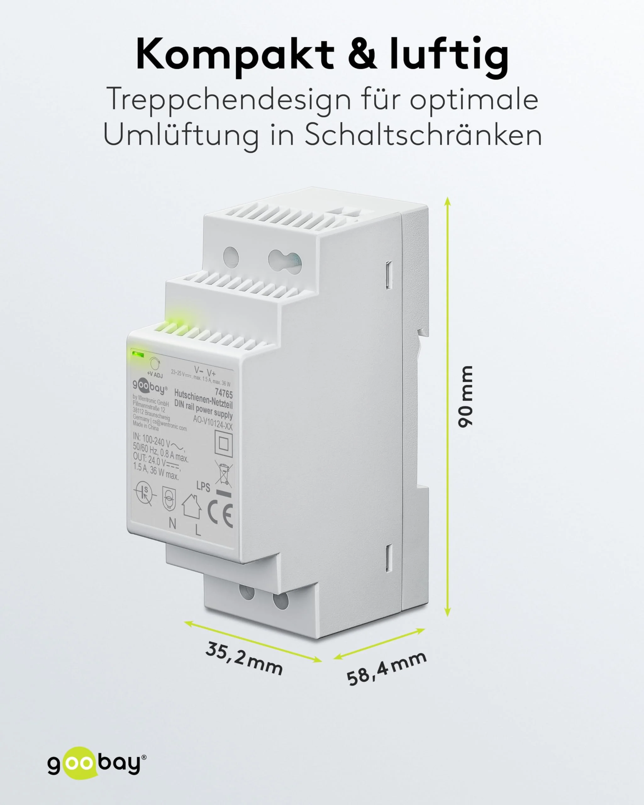 goobay 74765 DIN Rail Power Supply - Compact 24 V Power Supply for Bell Transformer, Monitoring and Access Systems, Door Opener - Easy Mounting on DIN Rail, 24 V, Surge Protection 24 V / 4.5 A / 54 W - Image 2
