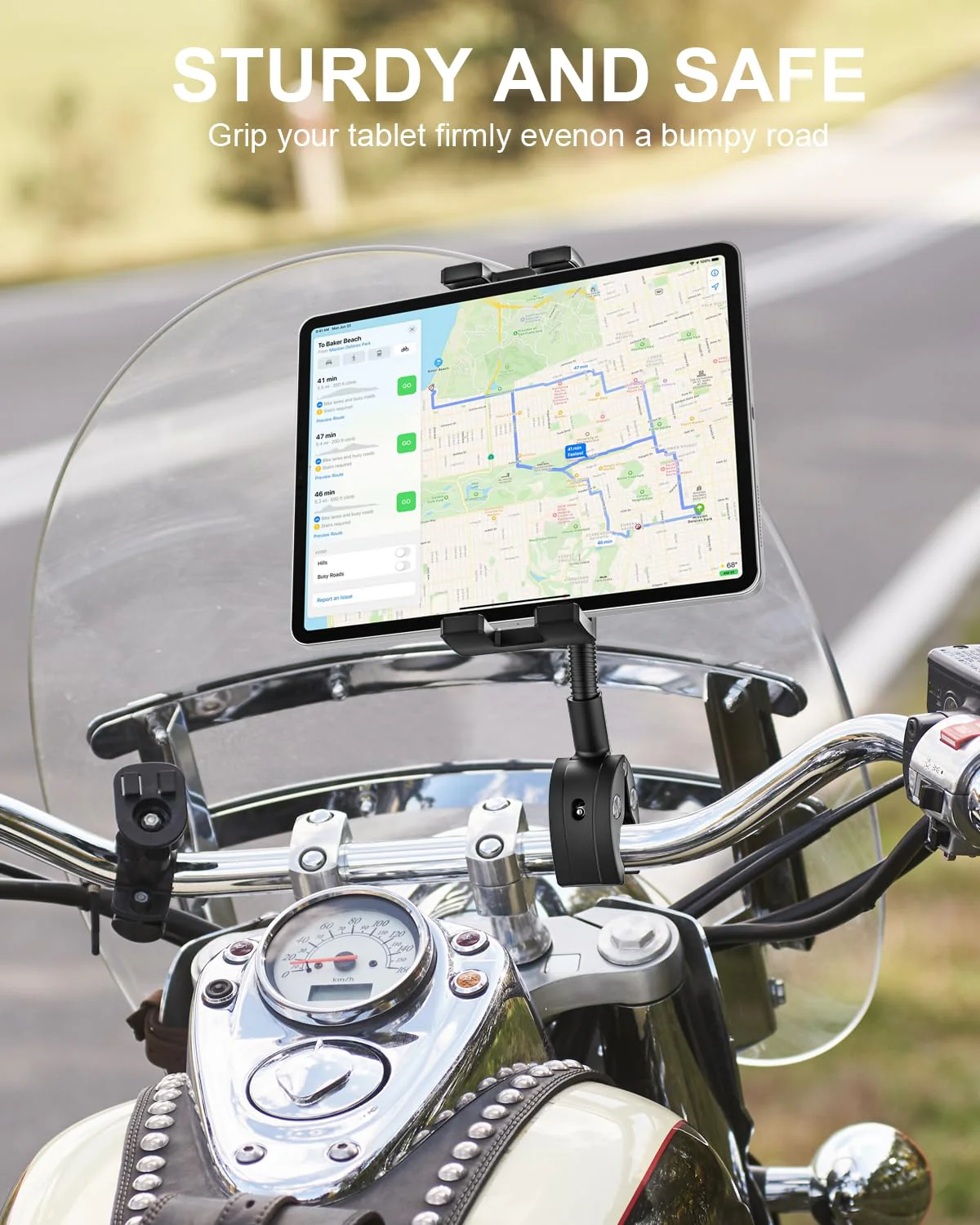 Gooseneck Bike Tablet Mount, Bike Holder - Adjustable Arm Tablet Holder for Motorcycle, Bicycle Scooter Handlebar Clamp, Compatible with iPad Pro Air Mini, Galaxy Tabs, Z Fold, iPhone, 4.7-13" Devices - Image 5