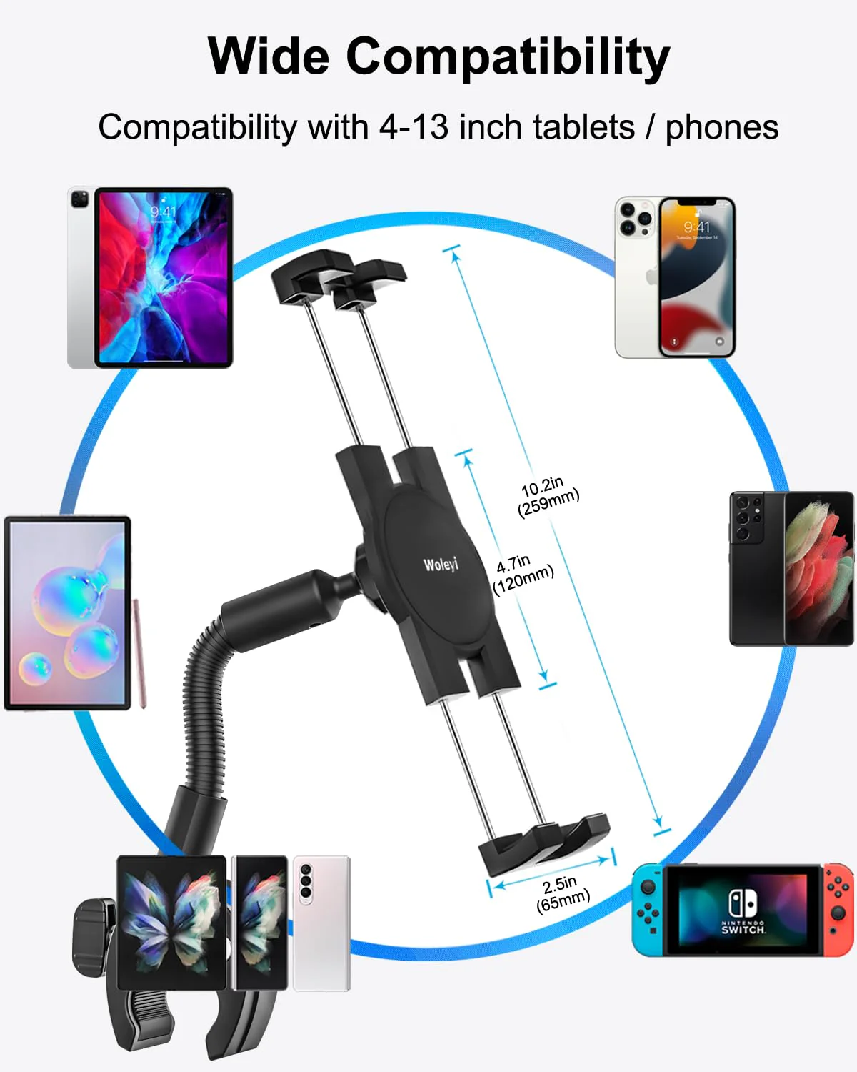 Gooseneck Bike Tablet Mount, Bike Holder - Adjustable Arm Tablet Holder for Motorcycle, Bicycle Scooter Handlebar Clamp, Compatible with iPad Pro Air Mini, Galaxy Tabs, Z Fold, iPhone, 4.7-13" Devices - Image 6