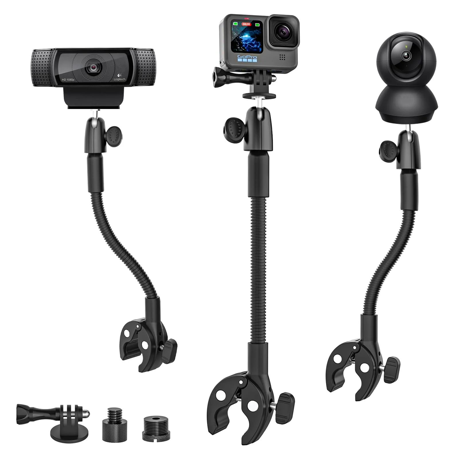 Gooseneck Clamp Camera Mount with 1/4“ 3/8" 5/8" Screw, Go Pro Mounts for Handlebar, Desk, Tube, Cross Bar, Compatible with GoPro Hero 13/Baby Monitor/Logitech Webcam/Insta 360/Field Monitor