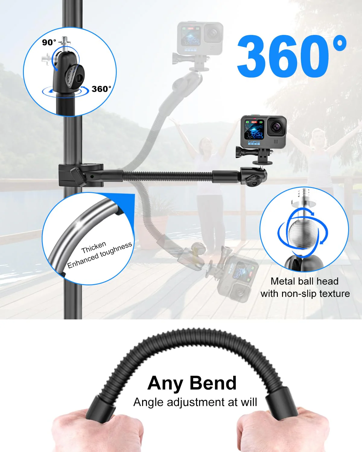 Gooseneck Clamp Camera Mount with 1/4“ 3/8" 5/8" Screw, Go Pro Mounts for Handlebar, Desk, Tube, Cross Bar, Compatible with GoPro Hero 13/Baby Monitor/Logitech Webcam/Insta 360/Field Monitor - Image 4