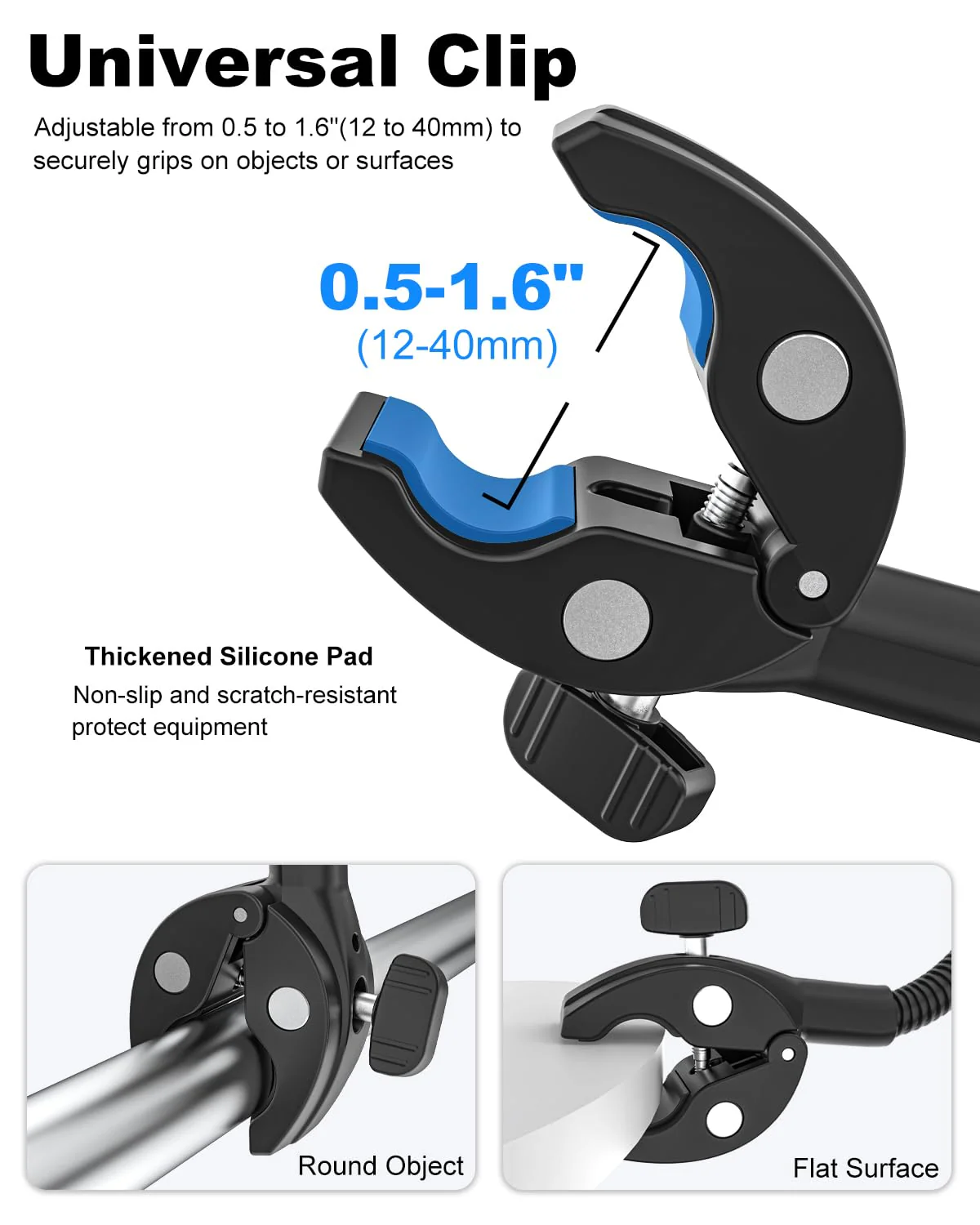 Gooseneck Clamp Camera Mount with 1/4“ 3/8" 5/8" Screw, Go Pro Mounts for Handlebar, Desk, Tube, Cross Bar, Compatible with GoPro Hero 13/Baby Monitor/Logitech Webcam/Insta 360/Field Monitor - Image 6