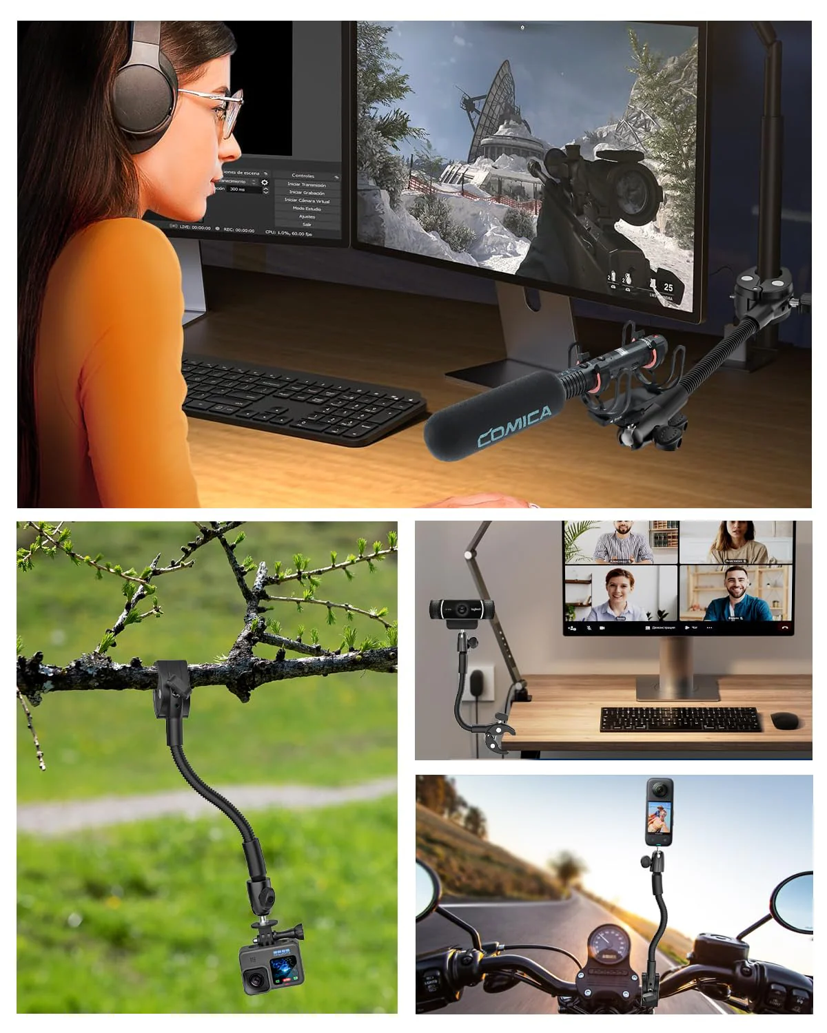 Gooseneck Clamp Camera Mount with 1/4“ 3/8" 5/8" Screw, Go Pro Mounts for Handlebar, Desk, Tube, Cross Bar, Compatible with GoPro Hero 13/Baby Monitor/Logitech Webcam/Insta 360/Field Monitor - Image 7