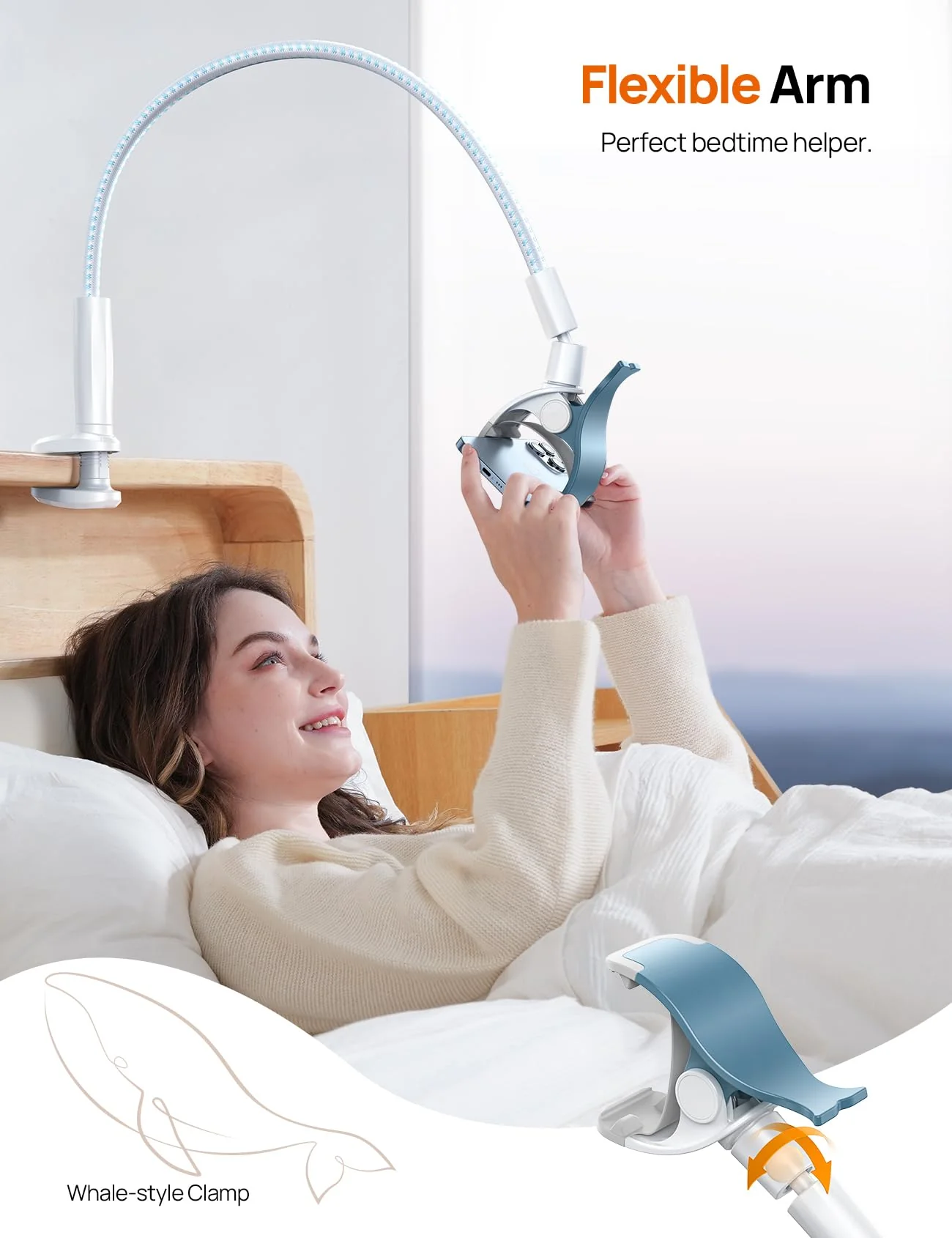 Gooseneck Phone Holder for Bed - [2023 Upgrade Nylon Braid] 38” Flexible Lazy Arm Clip, 360 Adjustable Overhead Phone Mount for iPhone 14 13 12 11 Pro Max Mini Plus, all 4-7" Cellphone - White - Image 2