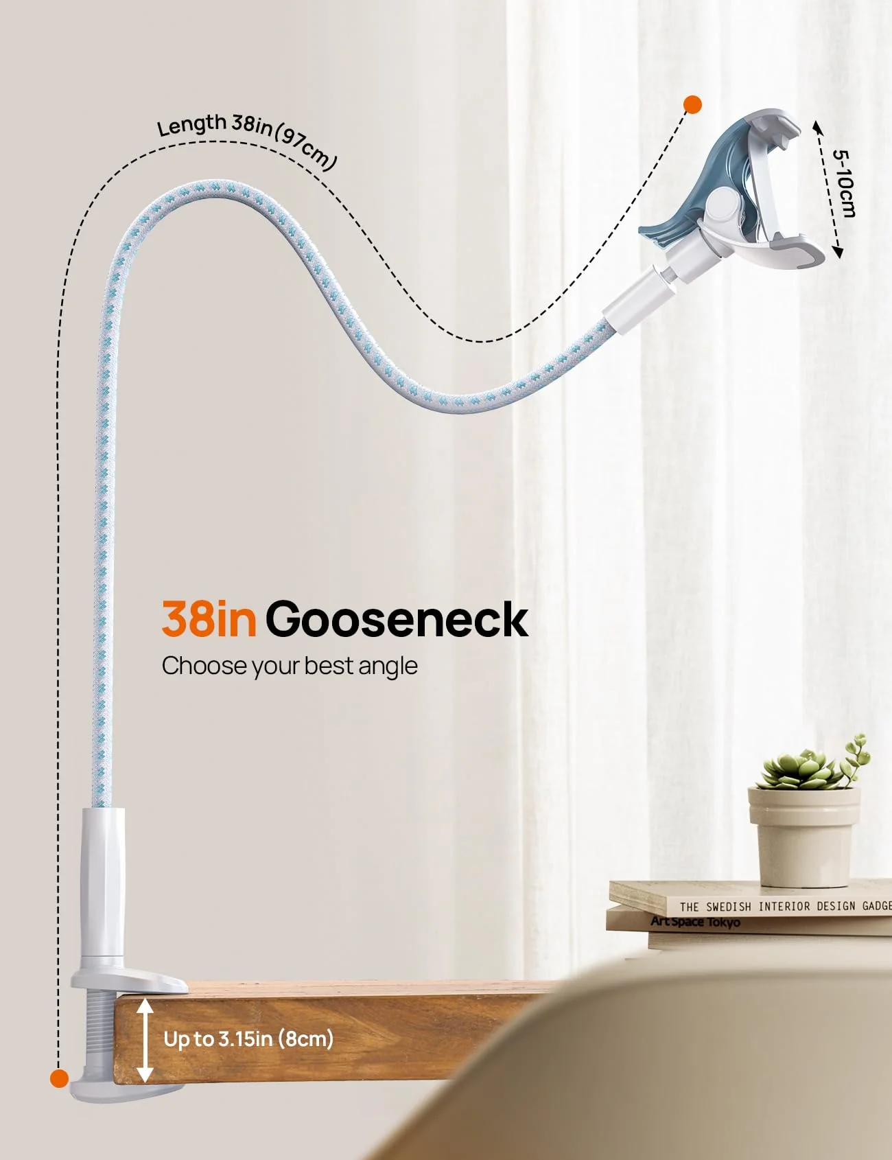 Gooseneck Phone Holder for Bed - [2023 Upgrade Nylon Braid] 38” Flexible Lazy Arm Clip, 360 Adjustable Overhead Phone Mount for iPhone 14 13 12 11 Pro Max Mini Plus, all 4-7" Cellphone - White - Image 4