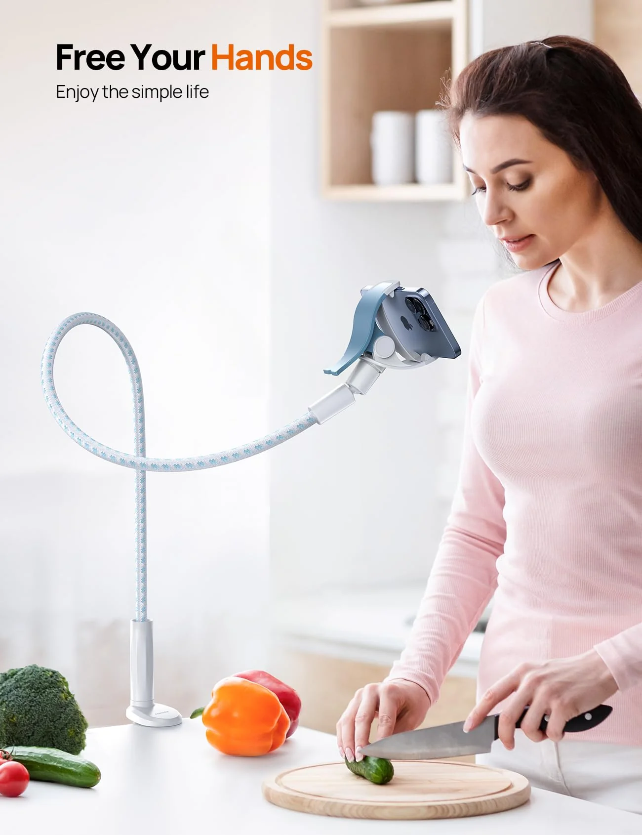 Gooseneck Phone Holder for Bed - [2023 Upgrade Nylon Braid] 38” Flexible Lazy Arm Clip, 360 Adjustable Overhead Phone Mount for iPhone 14 13 12 11 Pro Max Mini Plus, all 4-7" Cellphone - White - Image 5