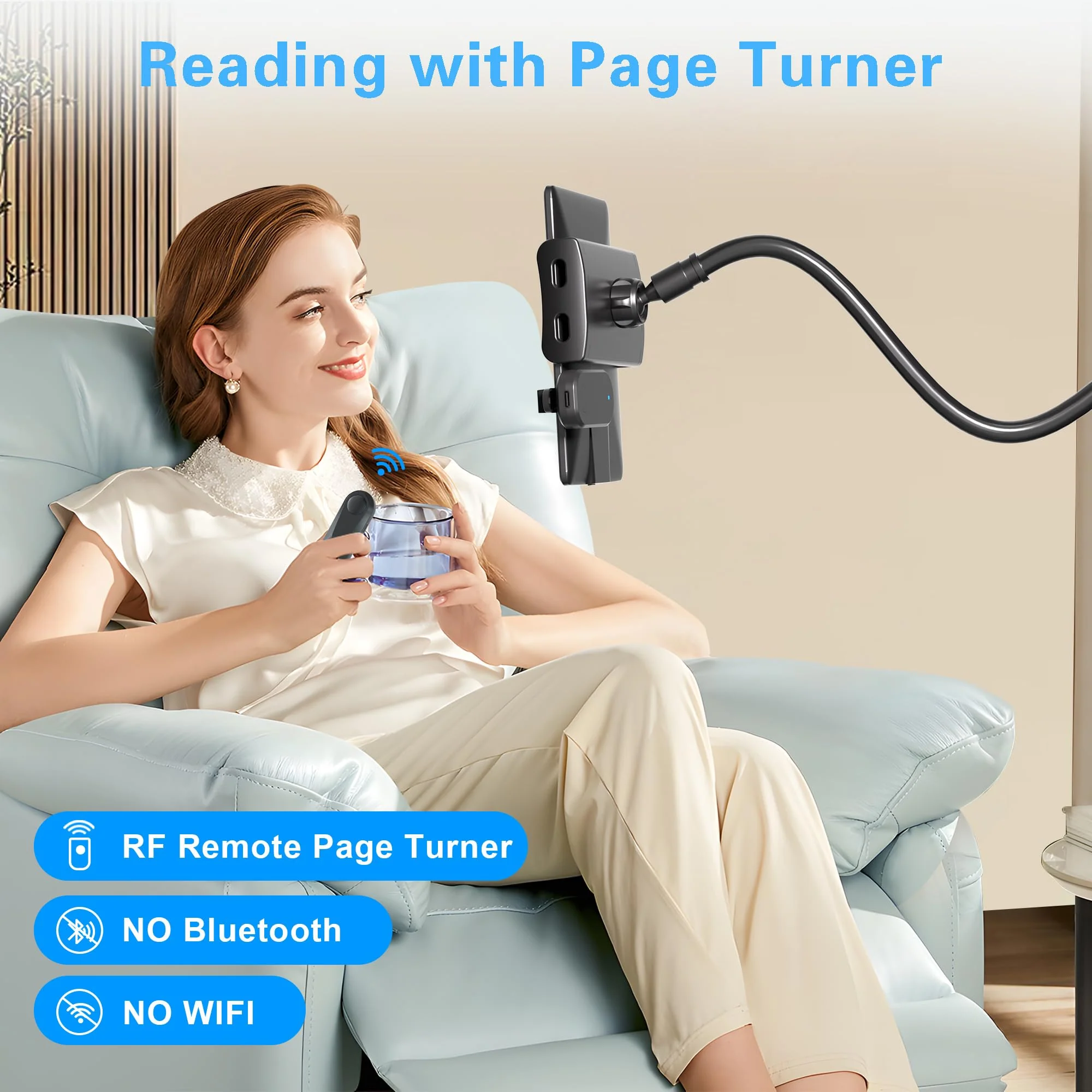 Gooseneck Tablet Holder for Kindle Reading in Bed with Page Turner Remote, Hands Free Desk Bedside Lazy Arm Stand for Kindle Accessories, Gifts for Readers Glossy Black - Image 2