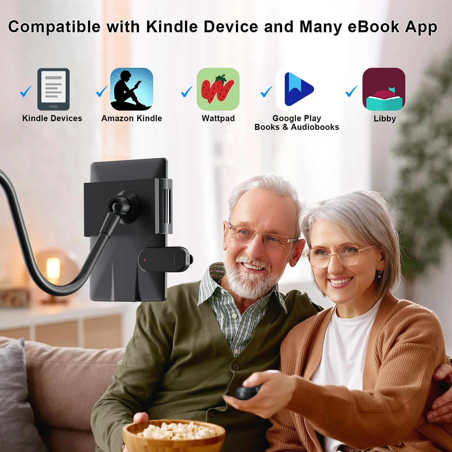 Gooseneck Tablet Holder for Kindle Reading in Bed with Page Turner Remote, Hands Free Desk Bedside Lazy Arm Stand for Kindle Accessories, Gifts for Readers Glossy Black - Image 4