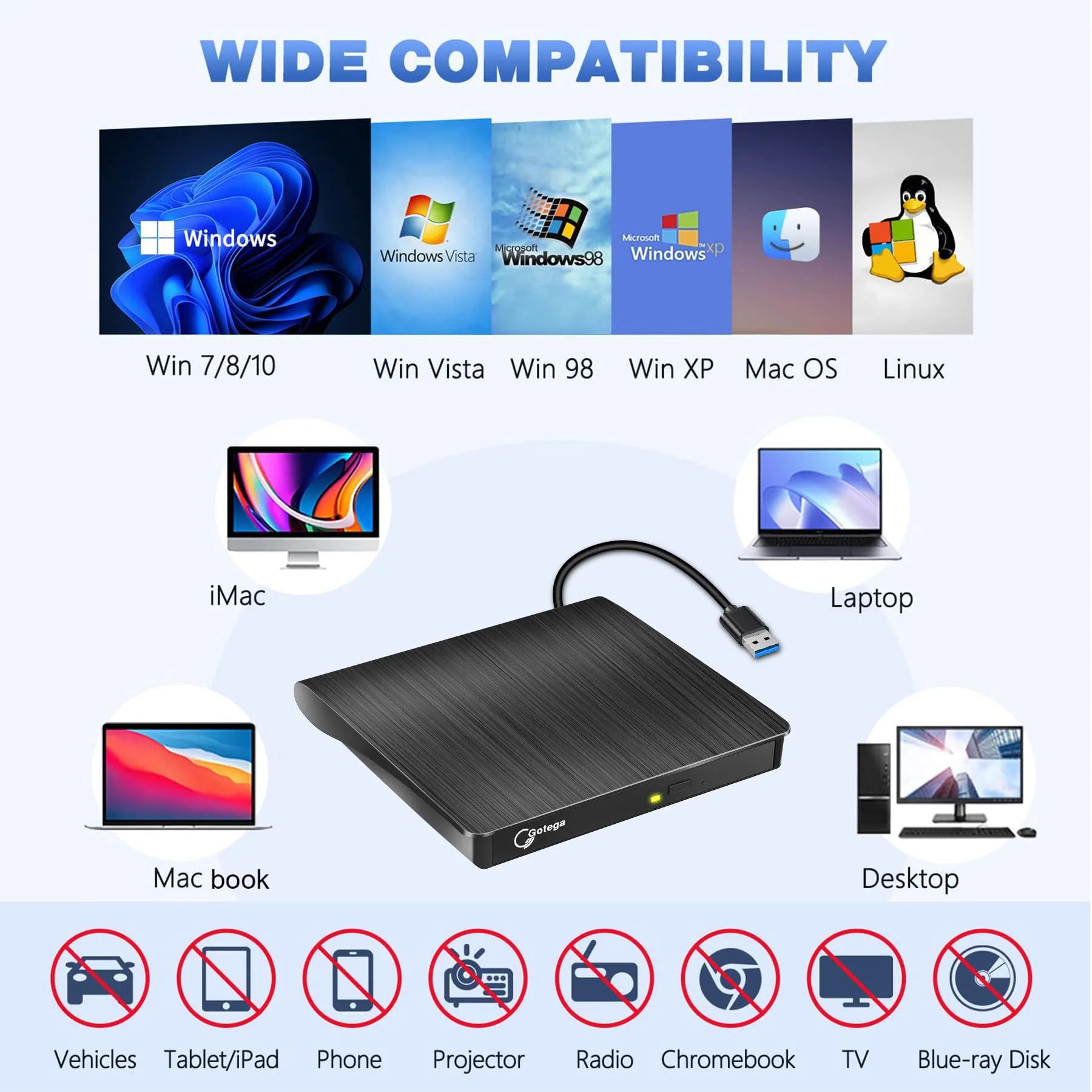 Gotega External DVD Drive, USB 3.0 Portable +/-RW, DVD Player for CD ROM Burner Compatible with Laptop Desktop PC Windows Linux OS Apple Mac Black Small - Image 4