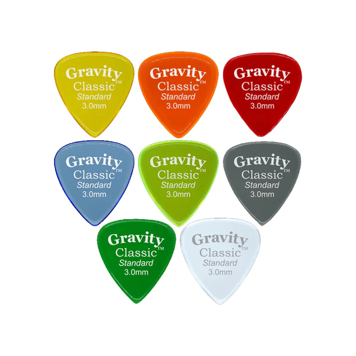 Gravity Guitar Picks - Made of Acrylic - Brighter, Louder, Faster - Classic Standard 3.0mm - 8 Color Assortment