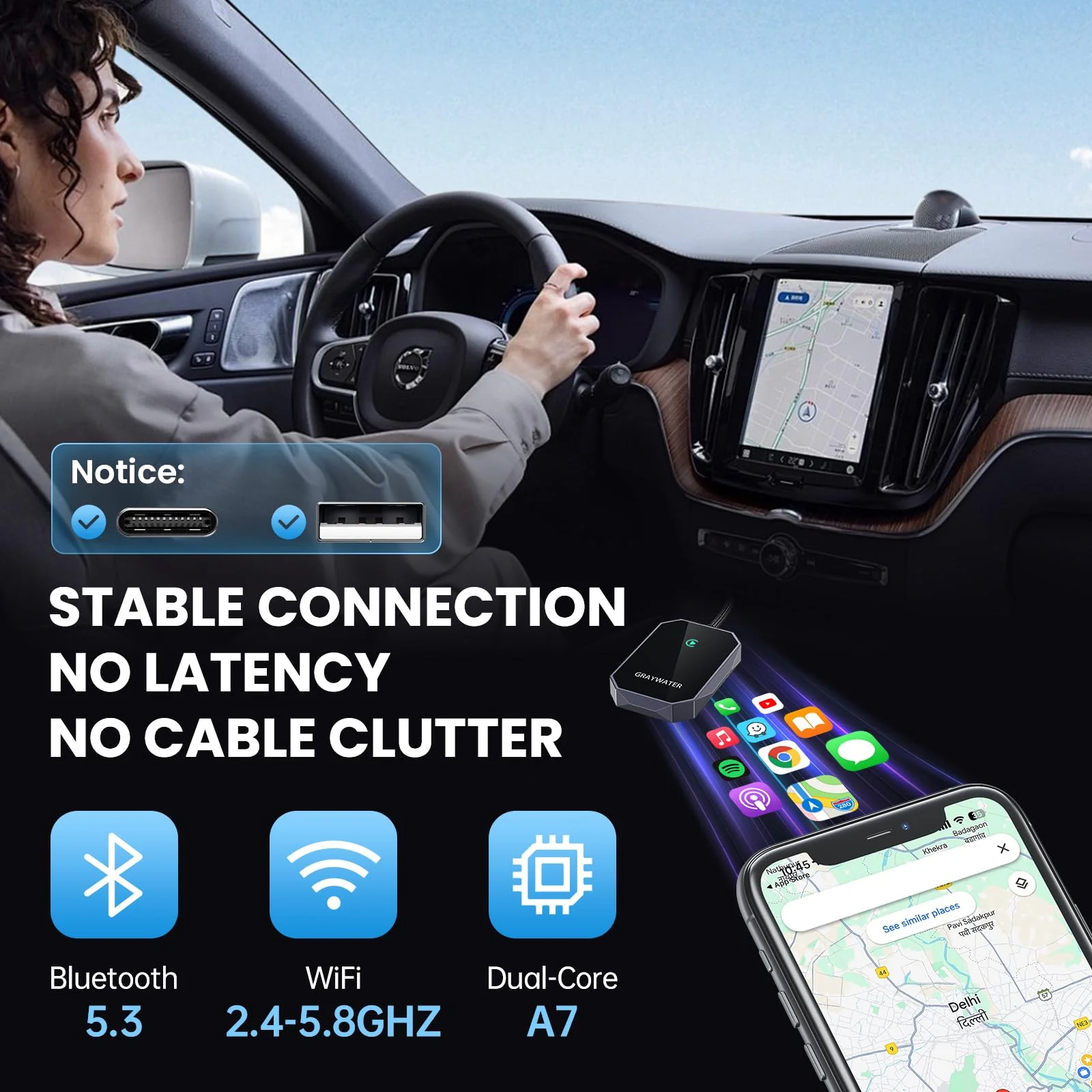 GRAYWATER Wireless CarPlay Adapter,Convert OEM Wired to Wireless Car Play Dongle Fit for Cars 2015+ & for Apple iPhone iOS 10+,Innovative Seamless Control Plug & Play（Space Silver） Space Silver - Image 4