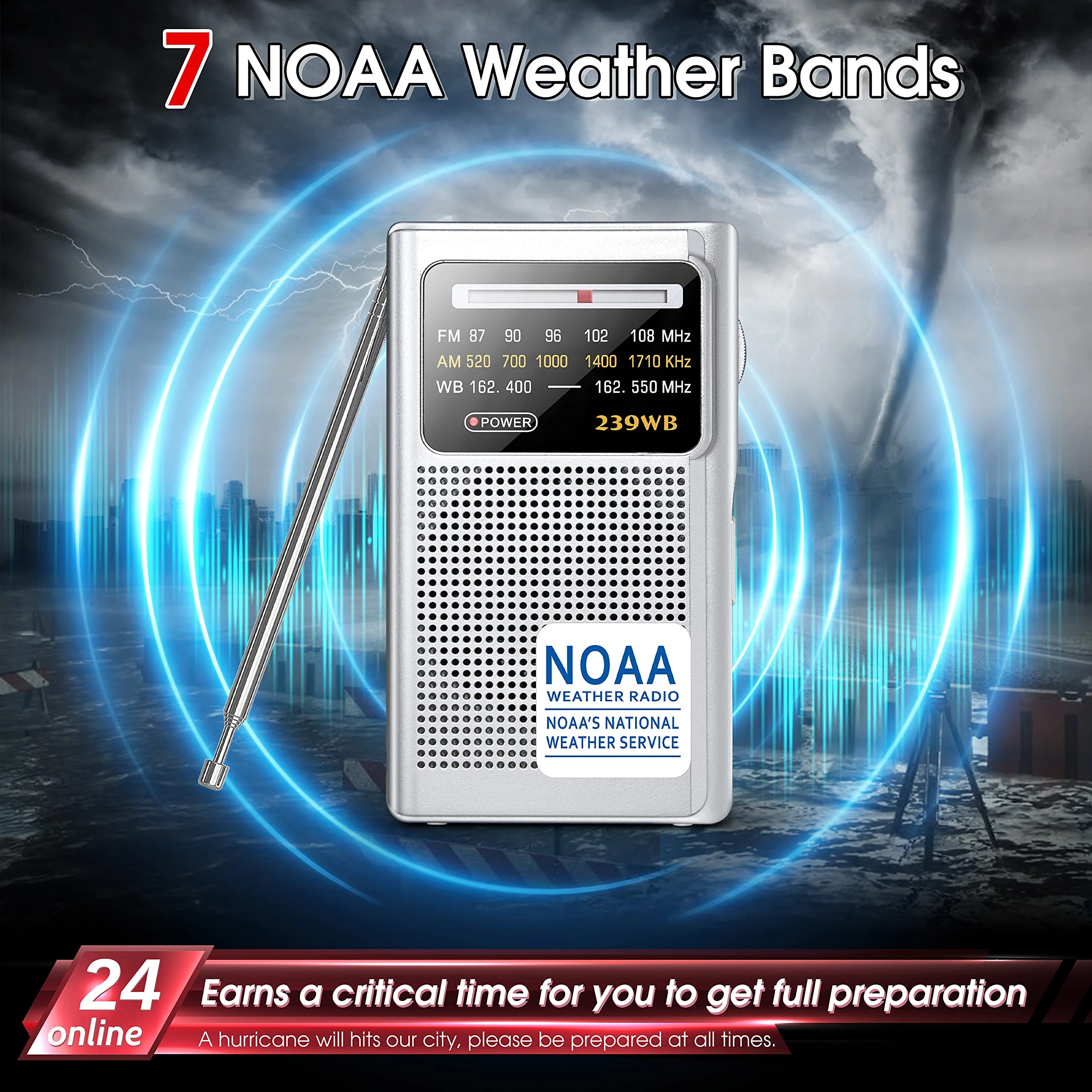 Greadio NOAA Weather Radio, AM/FM Battery Operated Transistor Portable Radio with Best Reception,Stereo Earphone Jack,Powered by 2 AA Battery for Emergency,Hurricane,Running, Walking,Home (Silver) Silver - Image 2