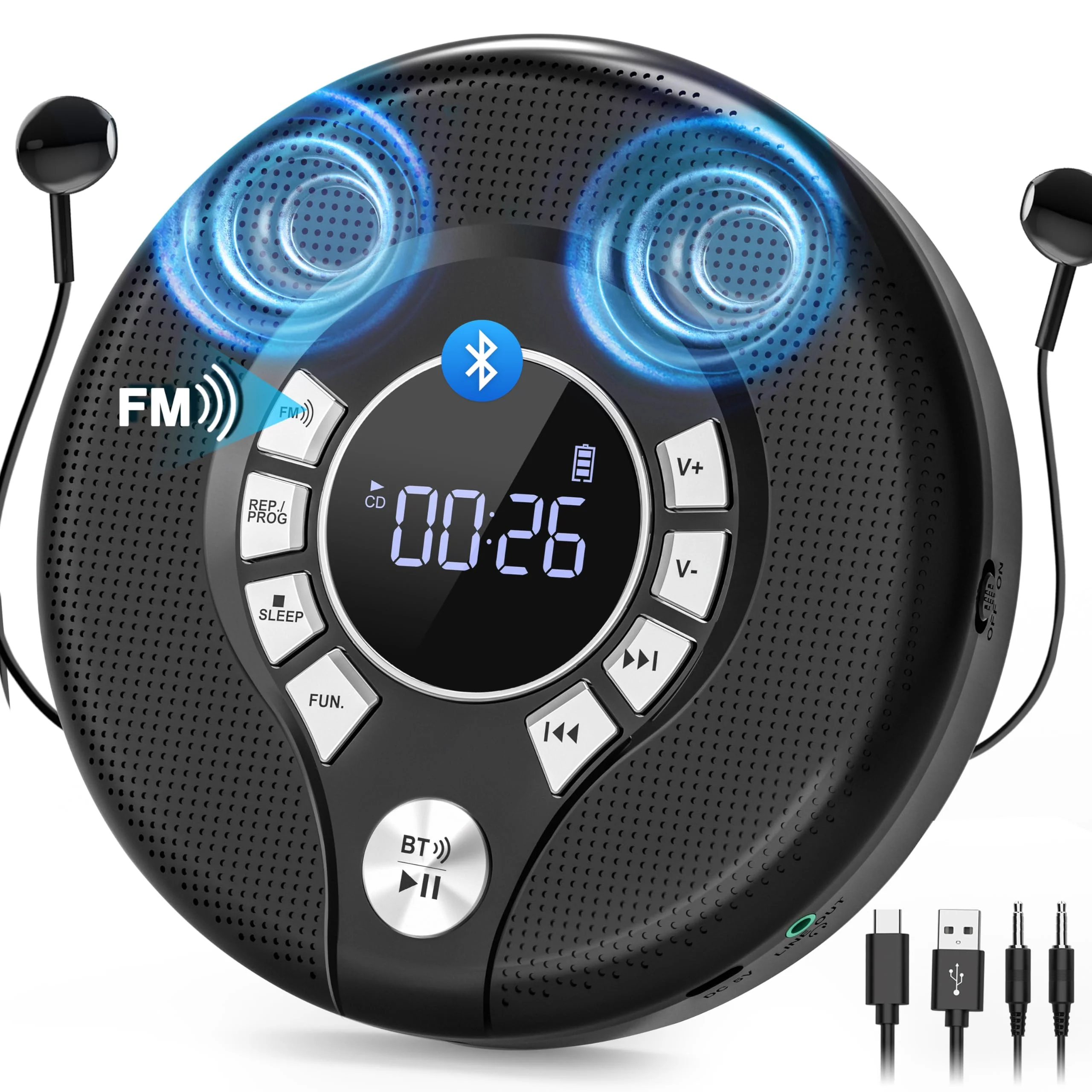 Greadio Portable Bluetooth CD Player with 2000mAh Rechargeable, Personal CD Player for Car with FM Transmitter/AUX, CD Discman Player with Headphone, 120s Anti-Skip, USB Port, Backlight (Black) Black-CD Player with FM Transmitter