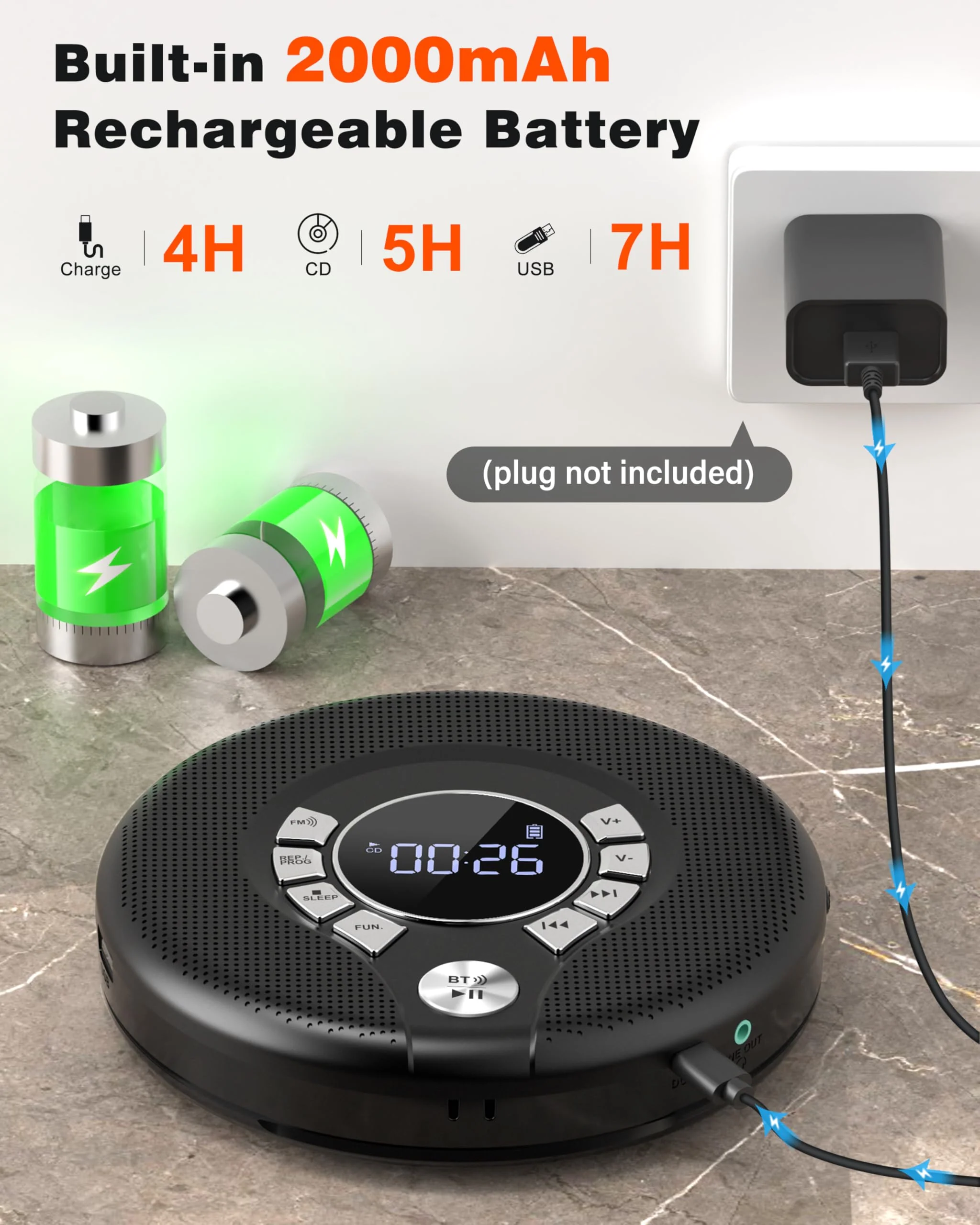 Greadio Portable Bluetooth CD Player with 2000mAh Rechargeable, Personal CD Player for Car with FM Transmitter/AUX, CD Discman Player with Headphone, 120s Anti-Skip, USB Port, Backlight (Black) Black-CD Player with FM Transmitter - Image 6