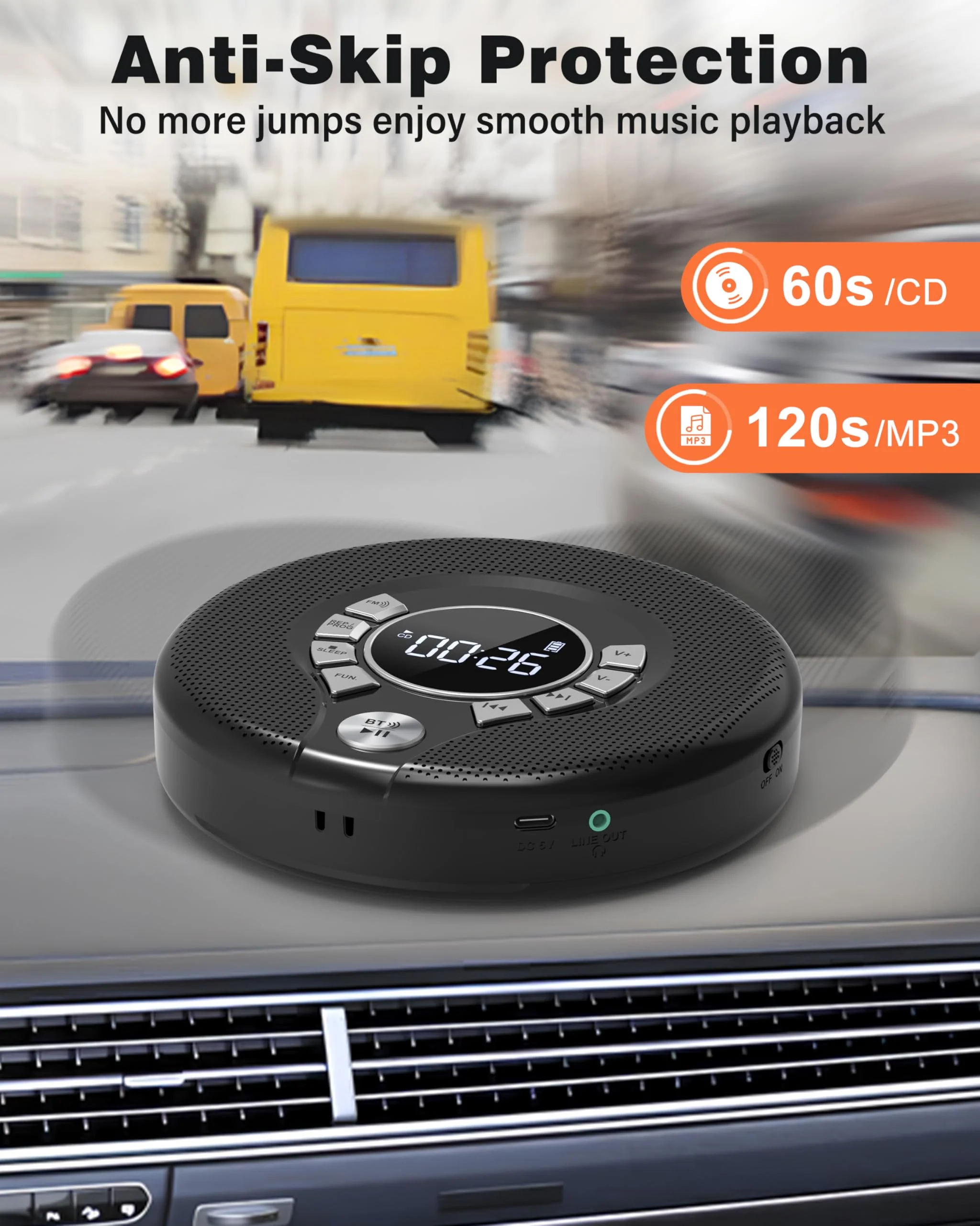Greadio Portable Bluetooth CD Player with 2000mAh Rechargeable, Personal CD Player for Car with FM Transmitter/AUX, CD Discman Player with Headphone, 120s Anti-Skip, USB Port, Backlight (Black) Black-CD Player with FM Transmitter - Image 7