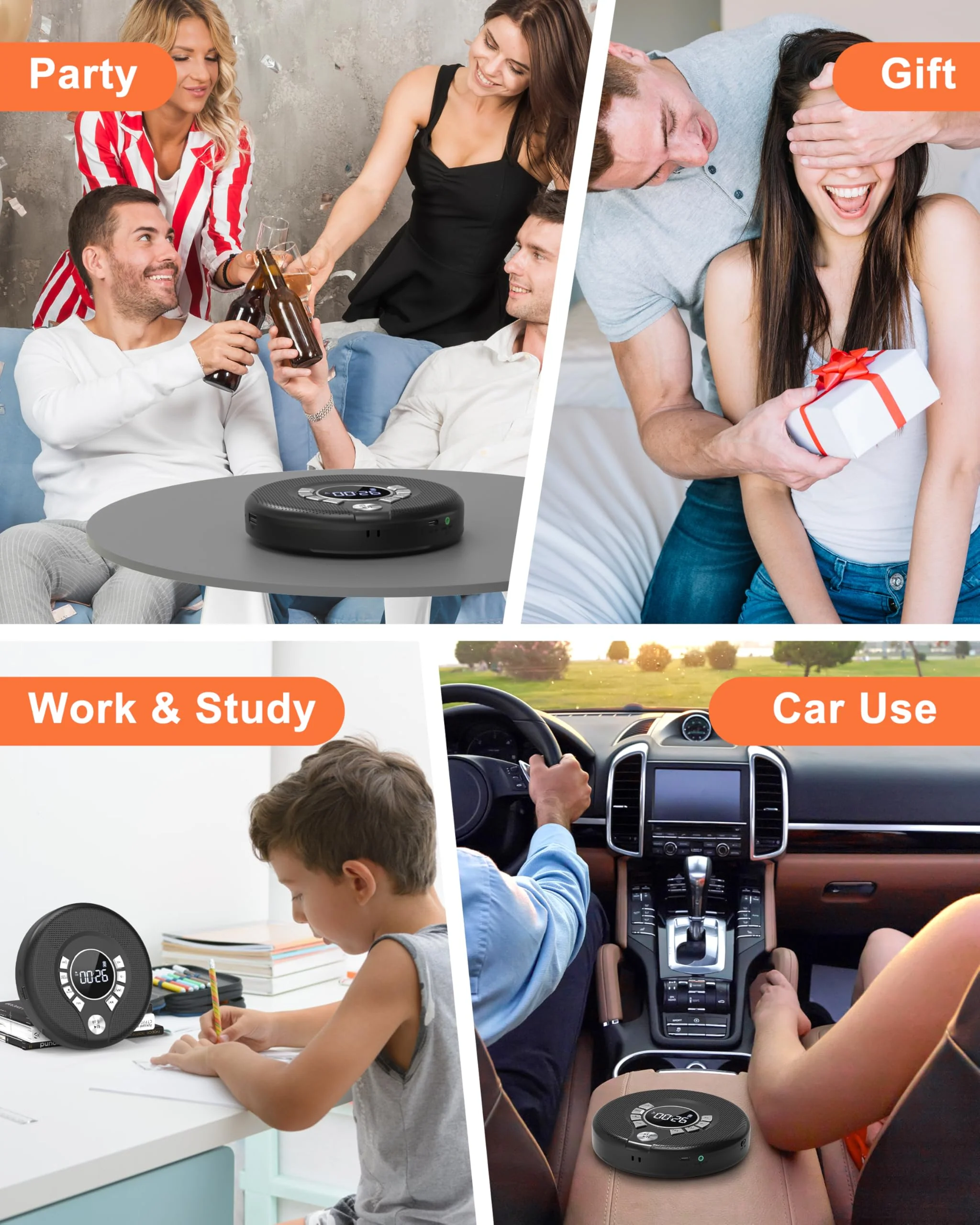 Greadio Portable Bluetooth CD Player with 2000mAh Rechargeable, Personal CD Player for Car with FM Transmitter/AUX, CD Discman Player with Headphone, 120s Anti-Skip, USB Port, Backlight (Black) Black-CD Player with FM Transmitter - Image 8