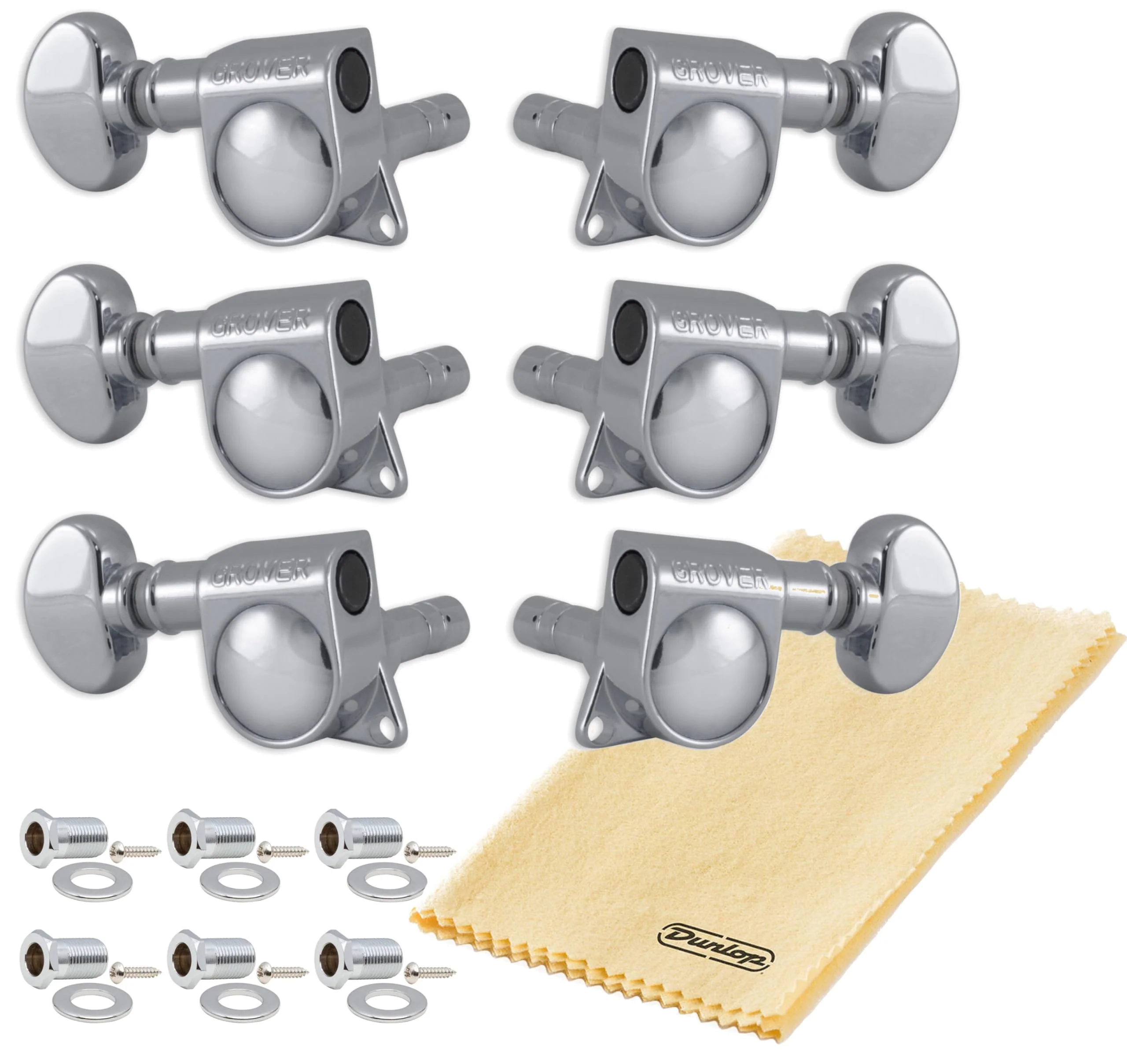 Grover 406C Locking Rotomatics Guitar Tuners, Tuning Machines Set 3+3 18:1 Chrome Mid-Size "Mini" Tuning Keys with Tonebird Dunlop Polish Cloth Bundle Tuner Heads with Small Kidney Button