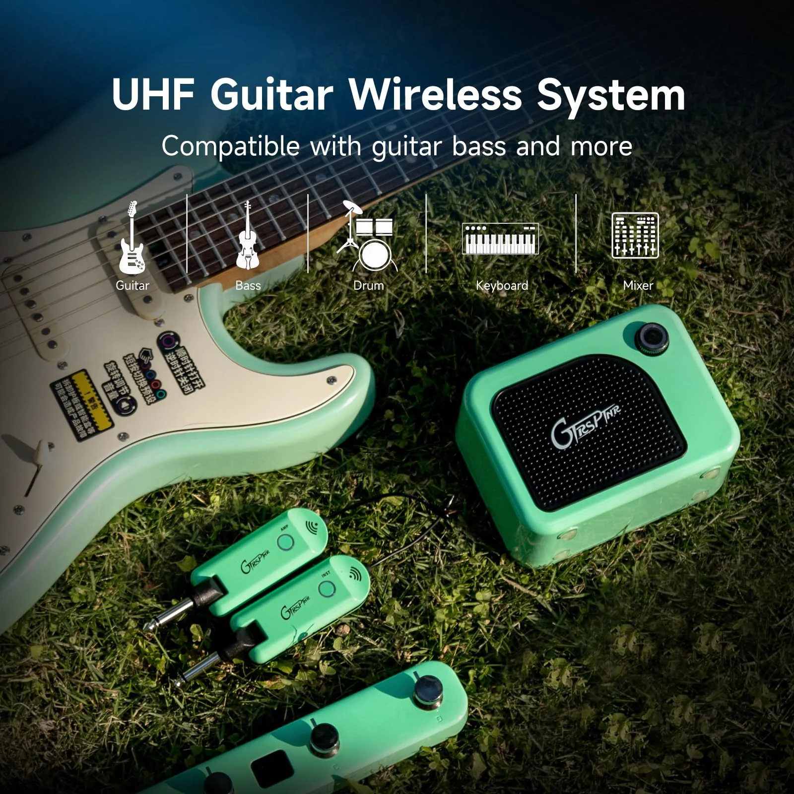 GTRS GWU4 UHF Wireless Guitar System Transmitter and Receiver 4 Signal Channels Rechargeable, Auto Match, Low Latency, 100 Feet Range, Stable Connection for Electric Guitars Bass and More (Green) GREEN - Image 4