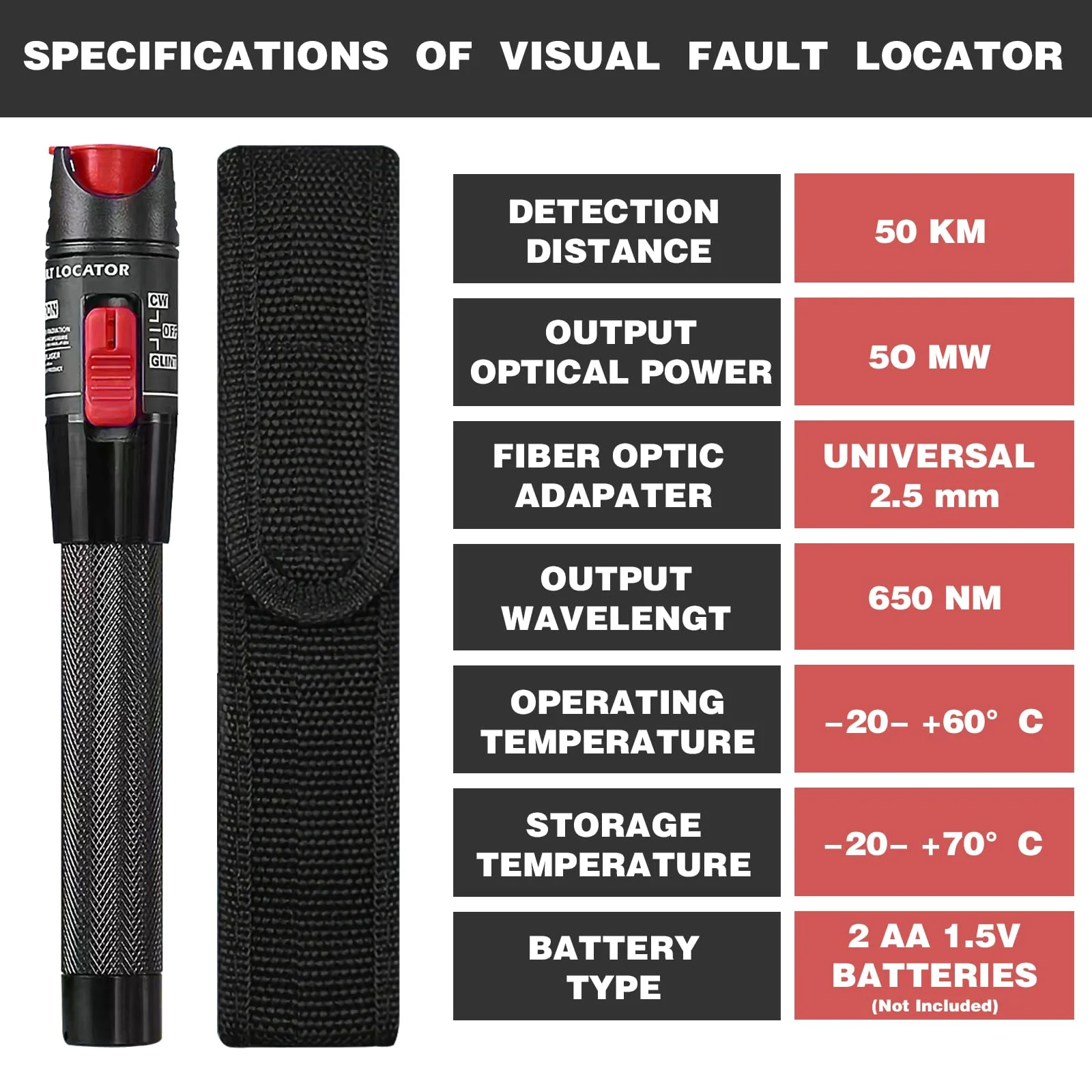 Guakiili 50mW Visual Troubleshooter with FC/APC Male to LC/APC Adapter, VFL Tester Kit 50km Range, Fiber Optic Cable Tester with FC to LC-SM9/125 Adapter - Image 3