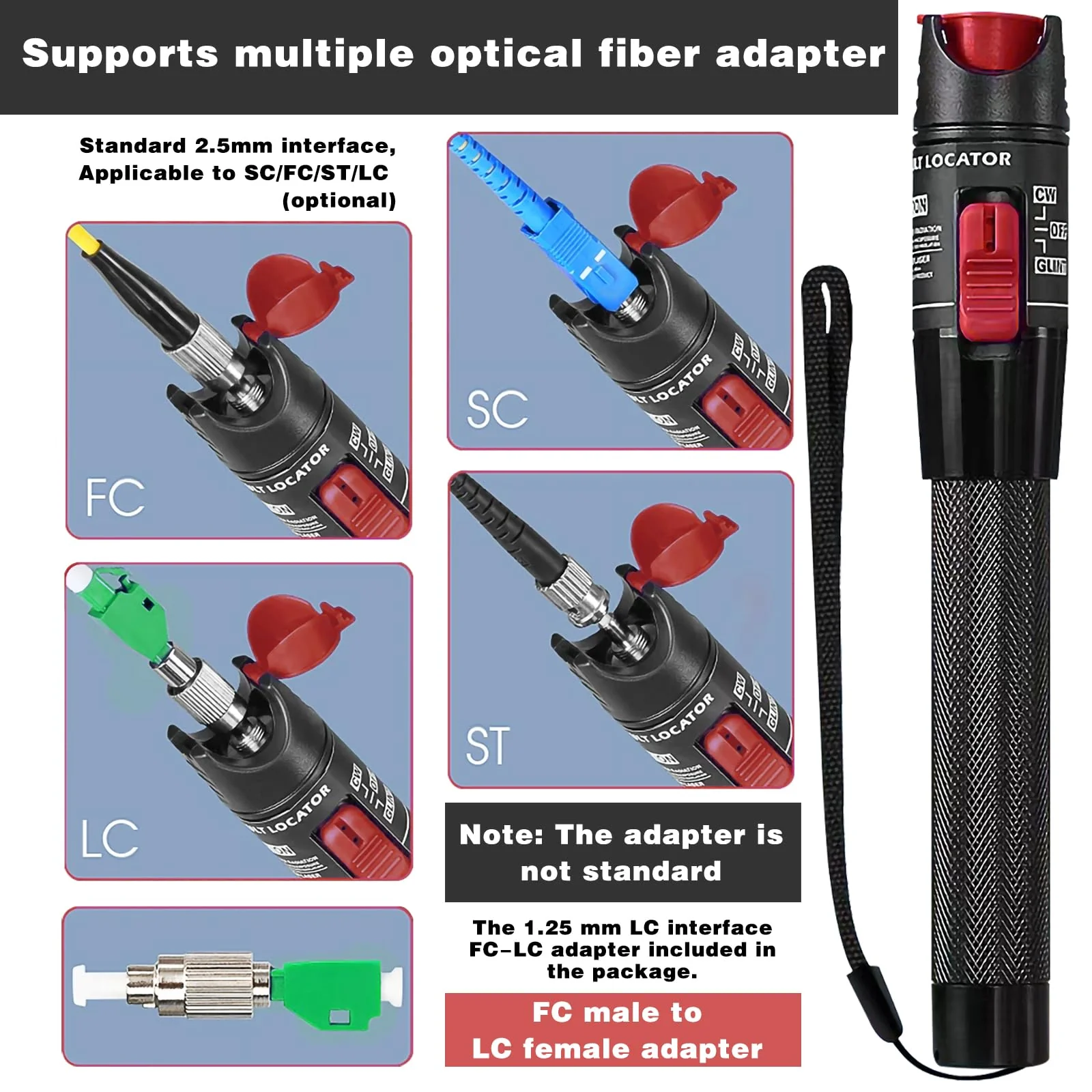 Guakiili 50mW Visual Troubleshooter with FC/APC Male to LC/APC Adapter, VFL Tester Kit 50km Range, Fiber Optic Cable Tester with FC to LC-SM9/125 Adapter - Image 4